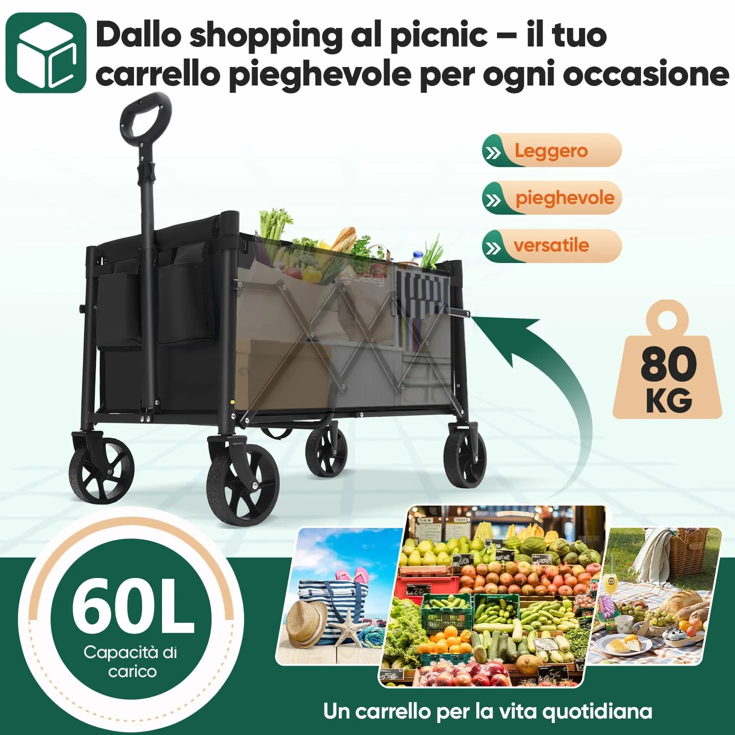 Sekey Carrello pieghevole 60L 80KG Manico Regolabile Nero