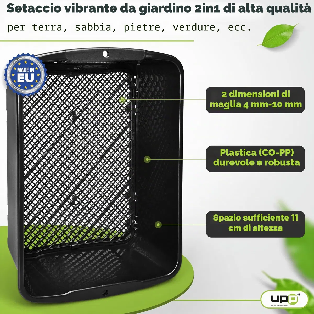 UPP 2-in-1 Setaccio da Giardinaggio 10mm 4mm Maglia Intercambiabile 39,5x29x11 cm Nero