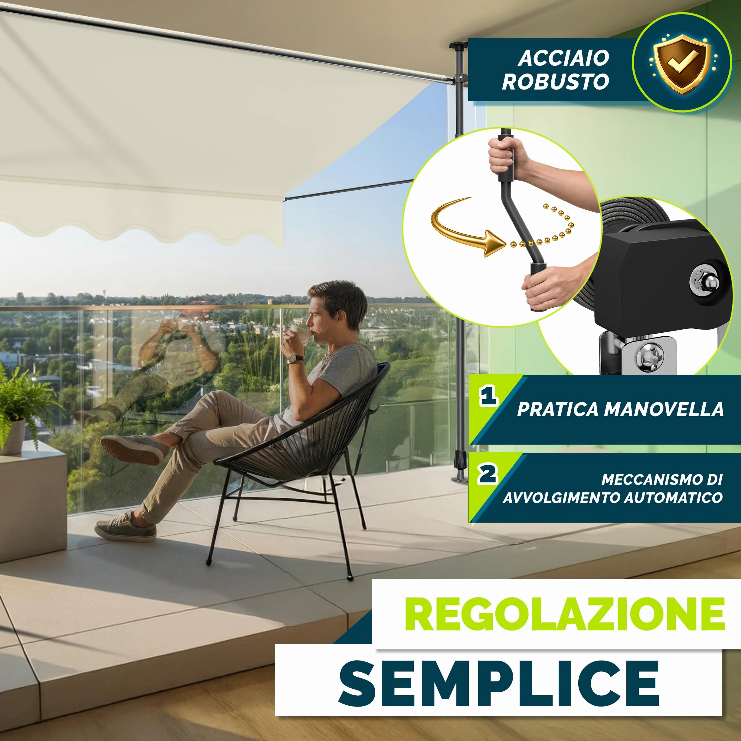 Tillvex Tenda da Sole a Bracci con Manovella 150cm Sabbia Protezione Balcone Regolabile Senza Forare UV