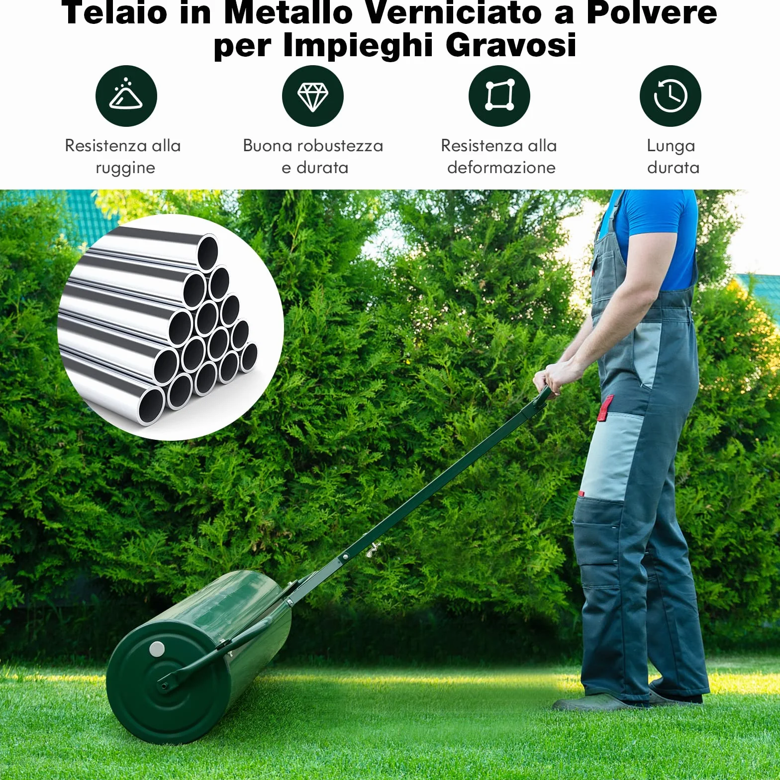 COSTWAY Rullo per Prato in Metallo 63 L, 90 cm, Riempibile Acqua/Sabbia, Impugnatura Staccabile 137 cm, Verde
