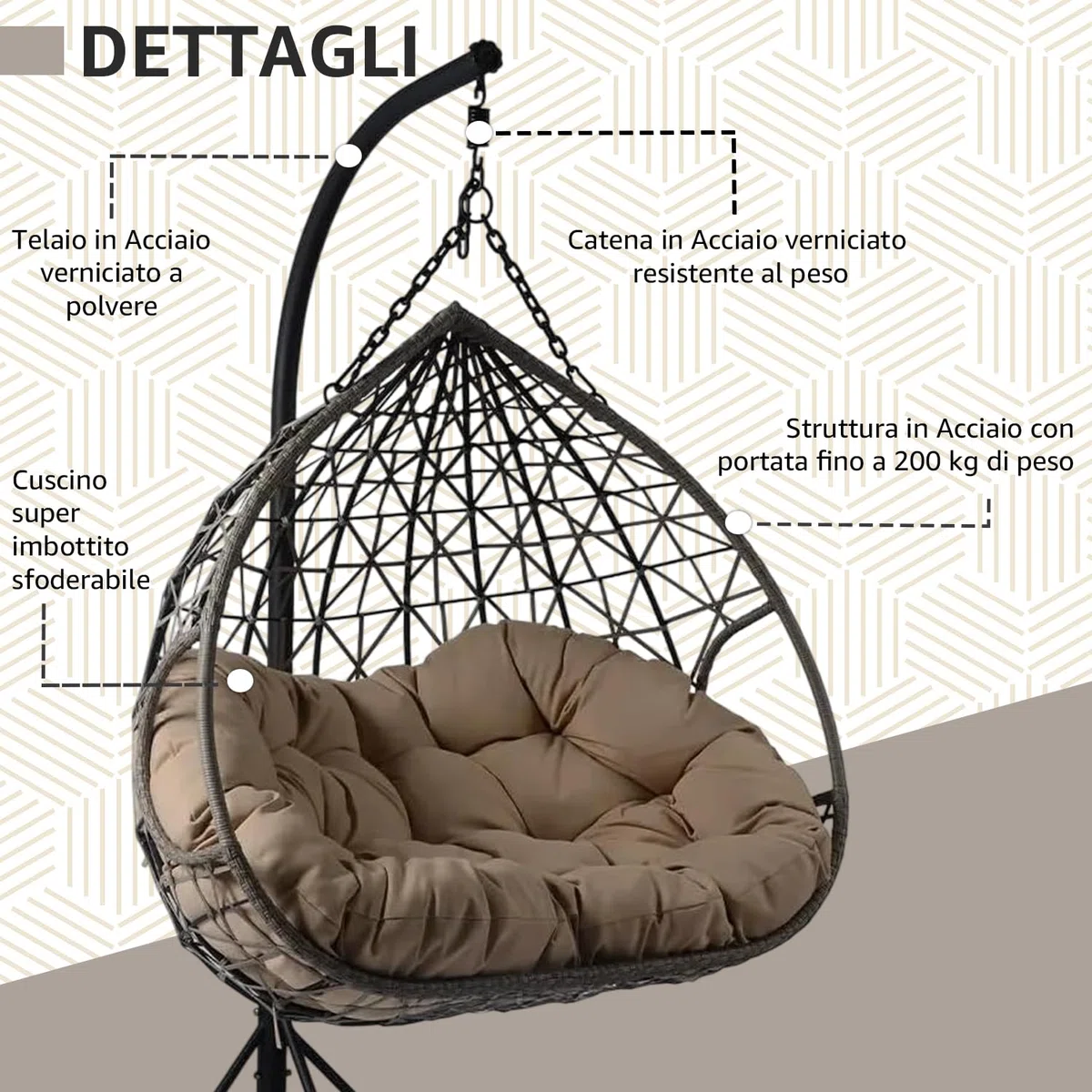 Poltrona Sospesa Lita XL – Poltrona a Uovo da Esterno in Rattan PE, Sedia Sospesa con Cuscini Imbottiti, Struttura in Acciaio, per Giardino e Terrazzo