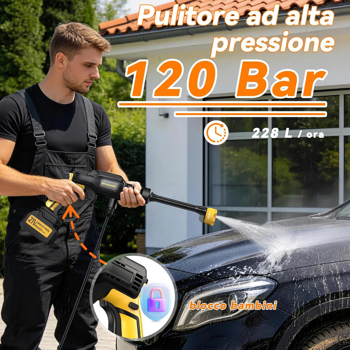 Idropulitrice a Batteria Portatile Professionale 5M Tubo Ugello 6 in 1 per Giardino Auto