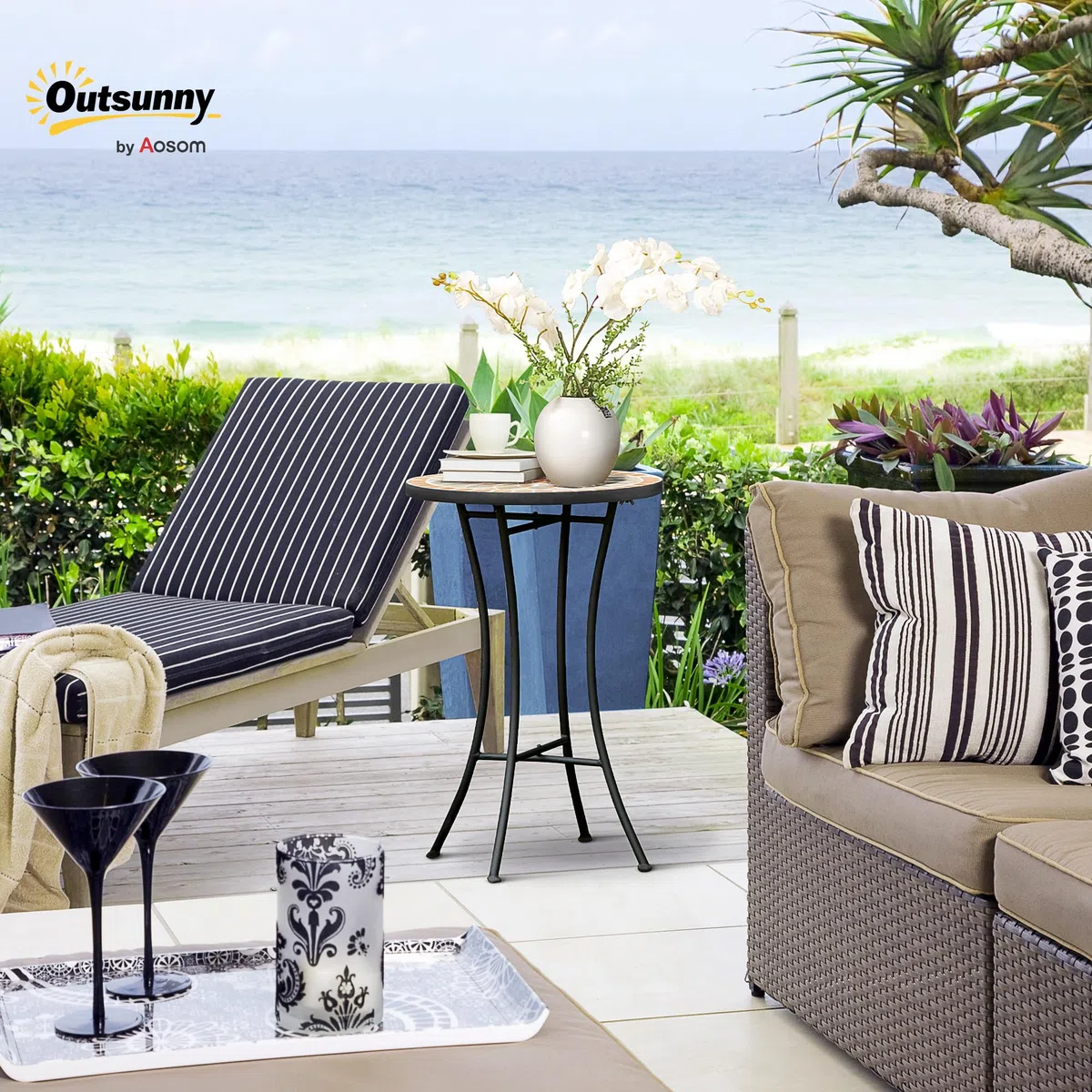 Outsunny Tavolino da Giardino Rotondo Ø35.5x53.5 cm Ceramica Mosaico Metallo Nero Giallo Grigio Bianco