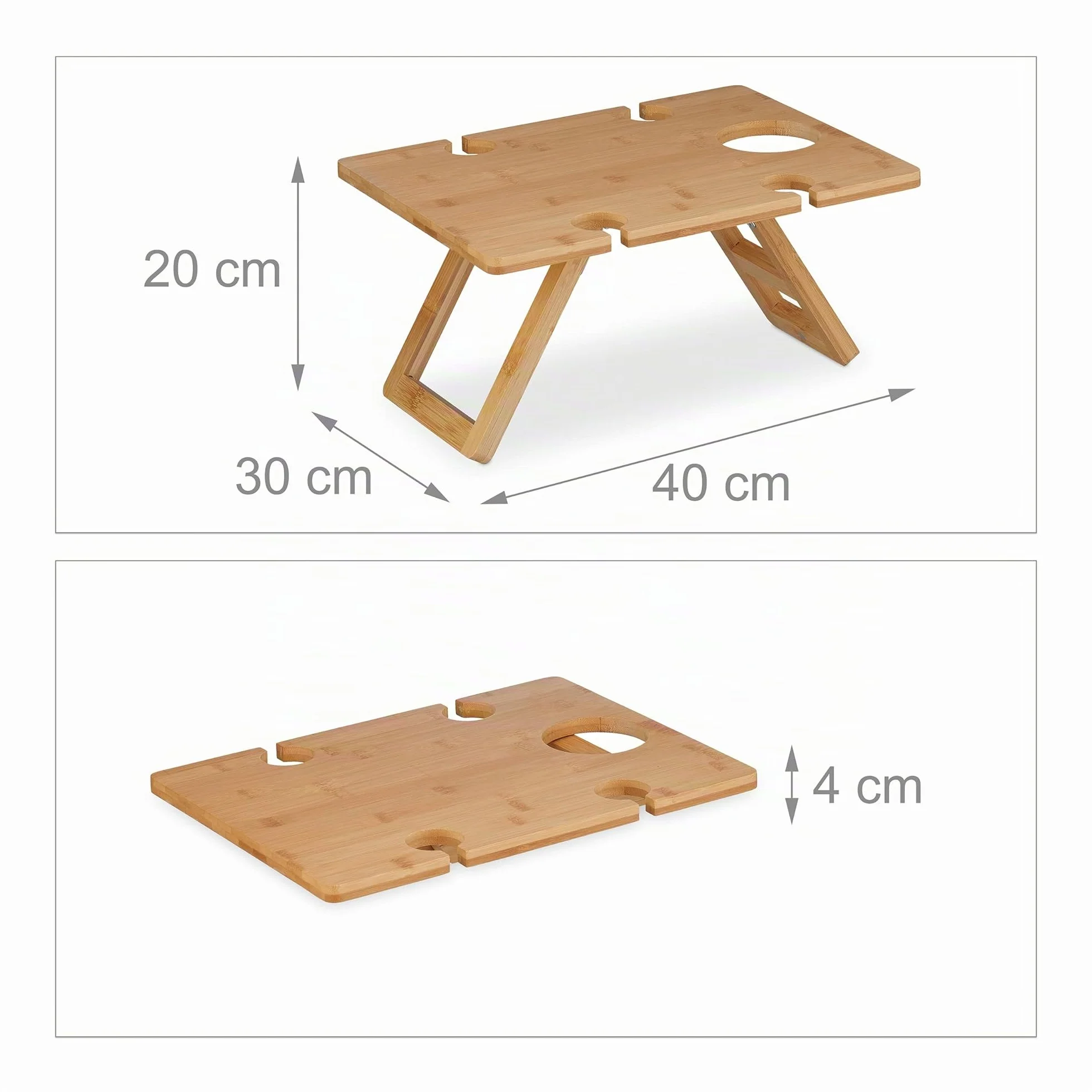 Relaxdays Tavolino Pieghevole Bambù Vassoio Letto Picnic Gambe Richiudibili 20x40x30 cm Naturale