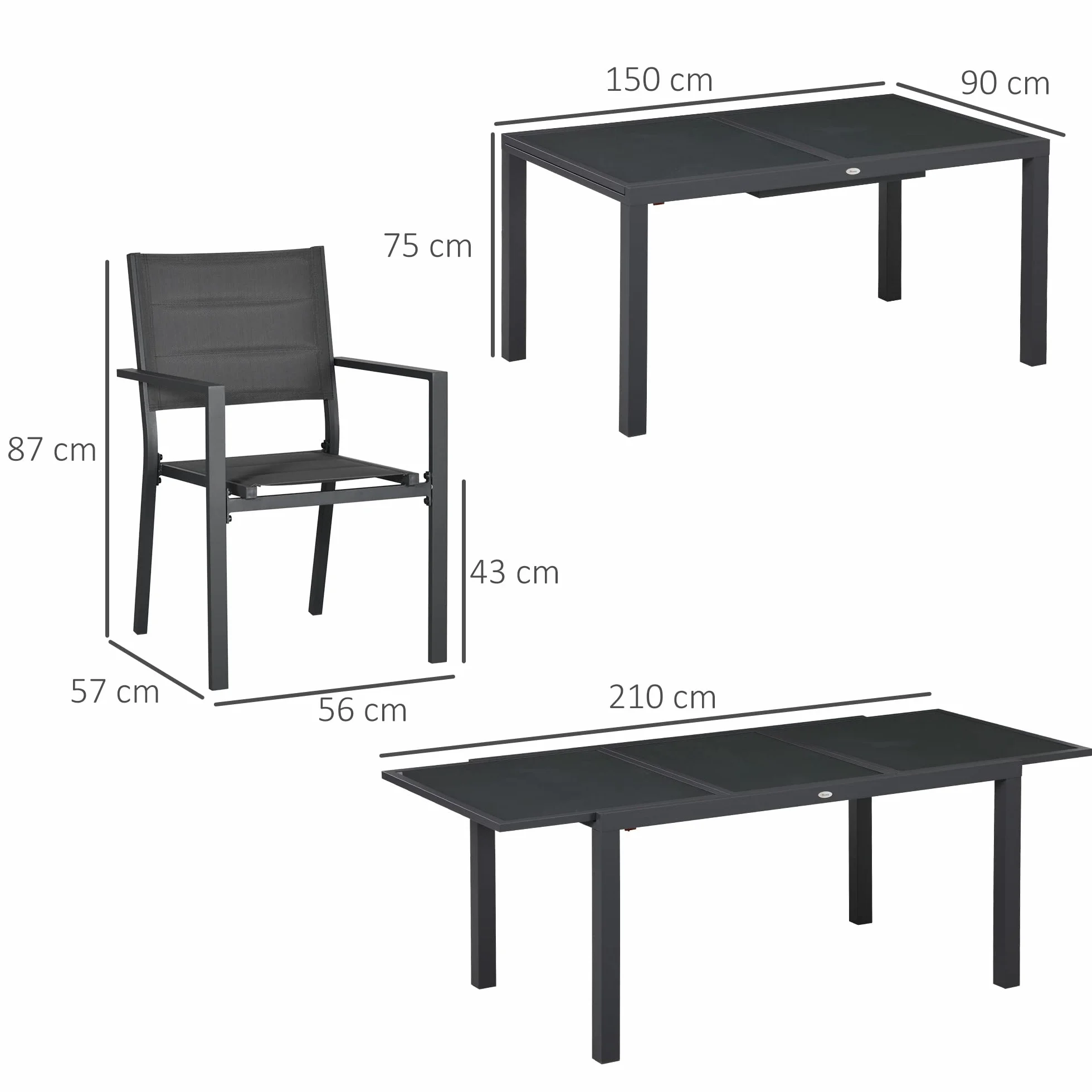 Outsunny Set Tavolo e Sedie da Giardino 7 Pezzi, Alluminio, Tavolo Rettangolare Allungabile, 6 Sedie Impilabili Texteline, Grigio Scuro