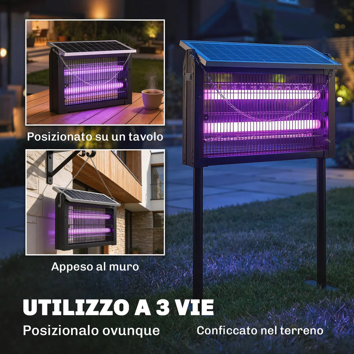 Outsunny Lampada Antizanzare da Esterno, Zanzariera a Energia Solare, Ricarica USB Interna, Luce Anti Insetti Elettroinsetticida con Rete di Protezione, 45x18x90 cm, Nero