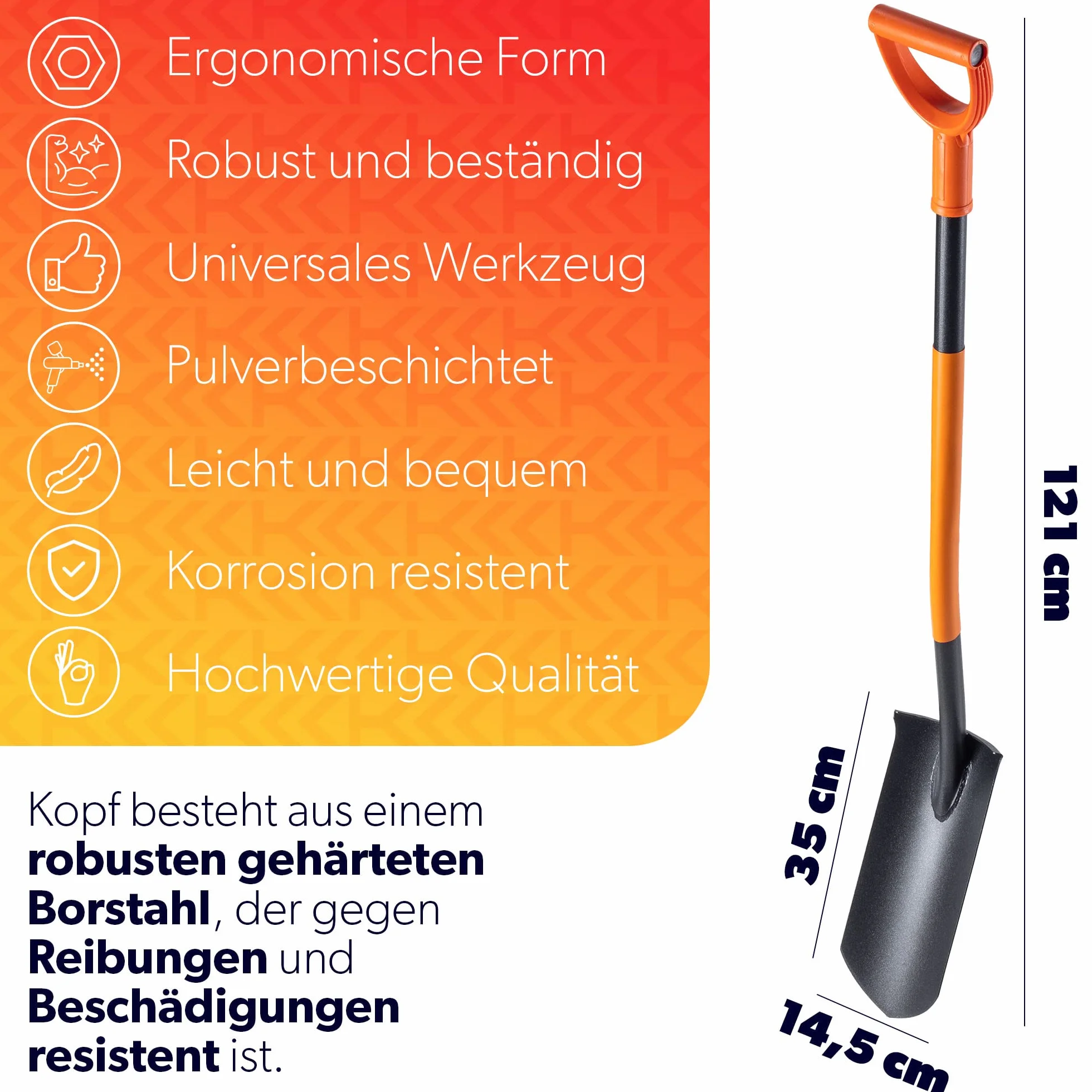 Spaziali di drenaggio Kadax, sponsor di drenaggio con mantello D, pala in acciaio, pala di pizzo con stelo, vanga da giardino ai fori, paletta di drenaggio, vanga (121 cm, nero/arancione)