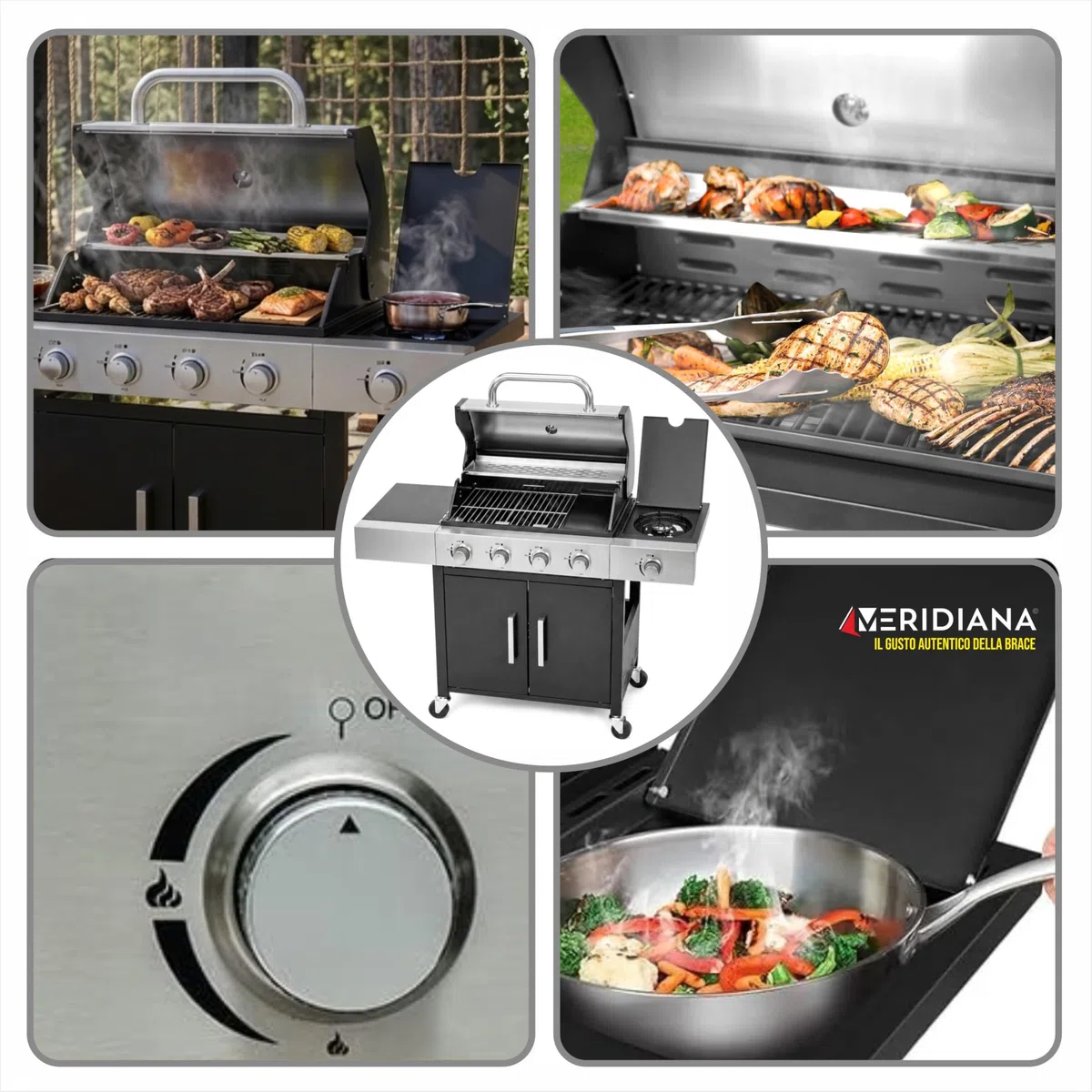 Meridiana Barbecue a Gas Professionale XXL 5 Fuochi 13 KW con Bruciatore Laterale Griglia Acciaio Ghisa
