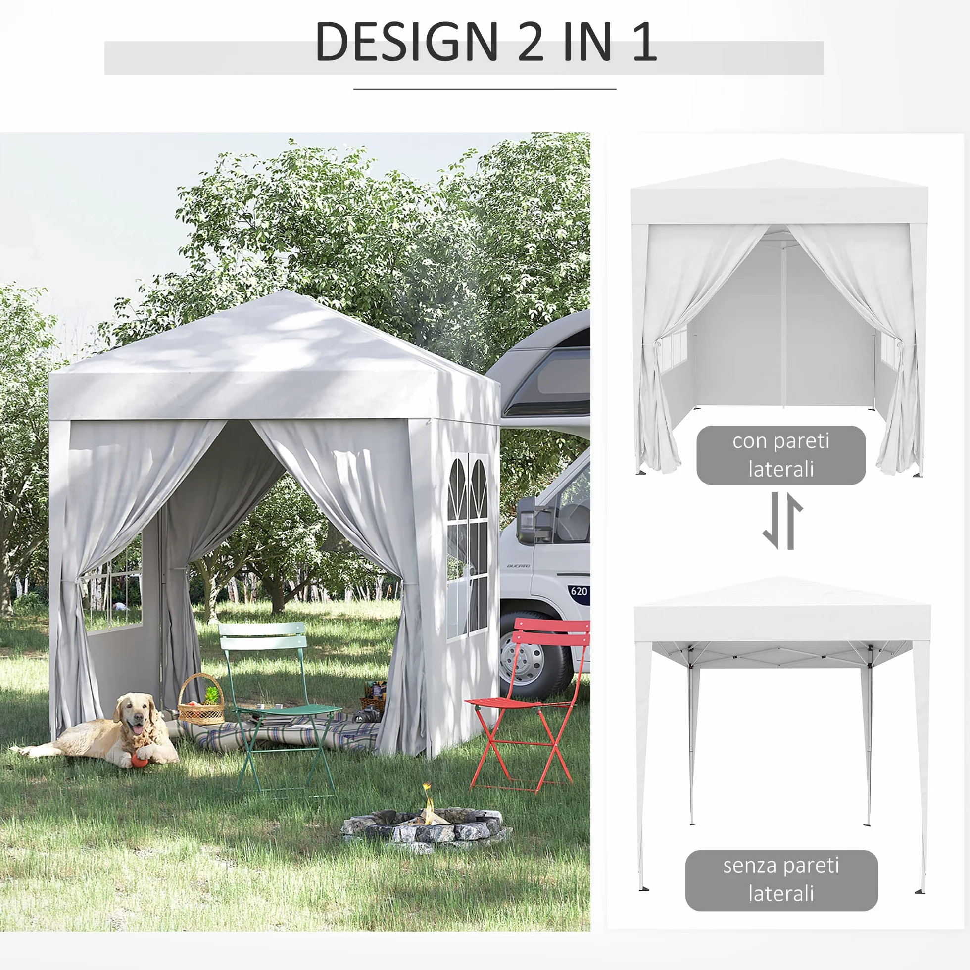 Outsunny Gazebo 2x2 m Pop-up Impermeabile Pareti Rimovibili Pieghevole Metallo Poliestere Borsa Trasporto Bianco