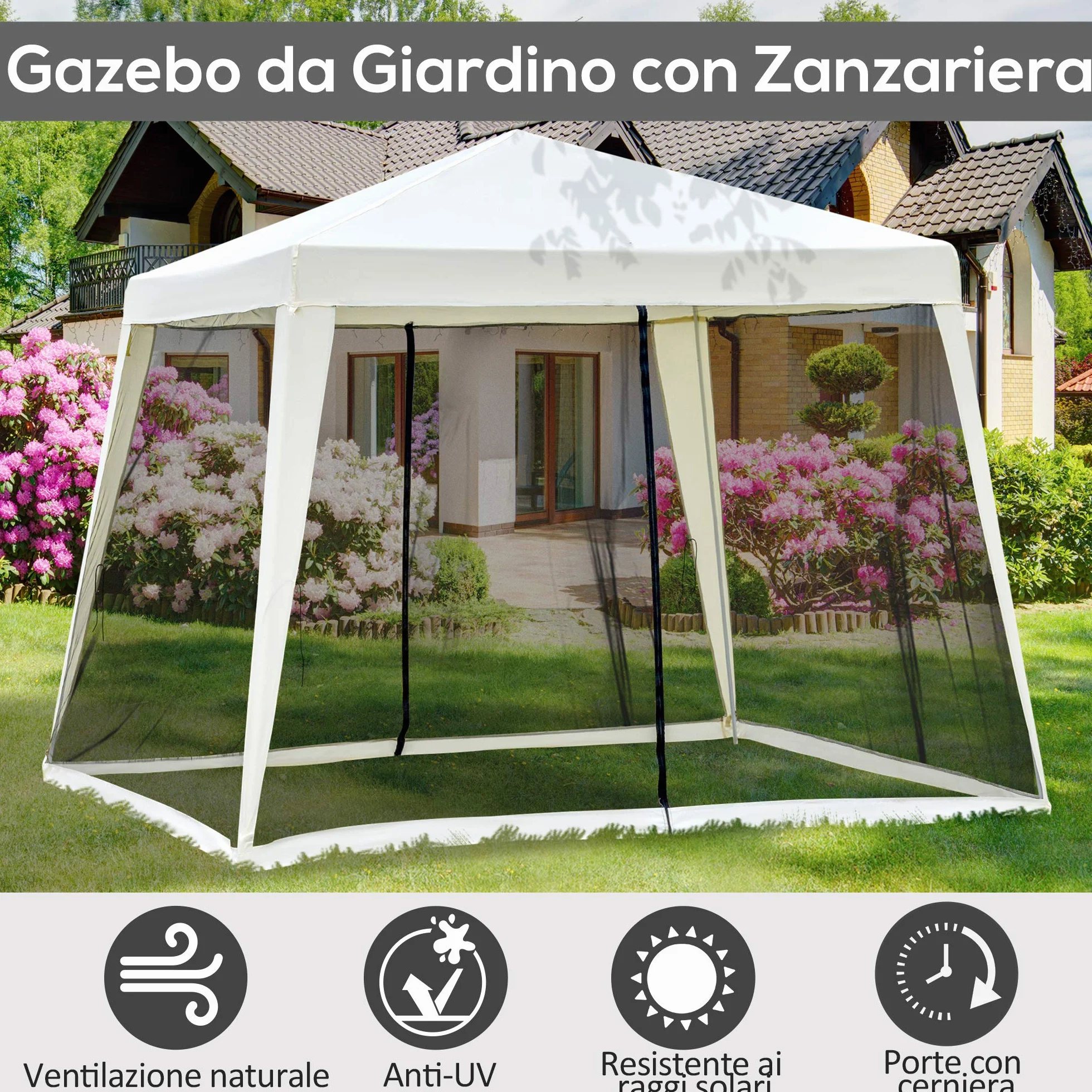 Outsunny Gazebo Impermeabile con Zanzariere 3 x 3 x 2.45 m Beige Poliestere