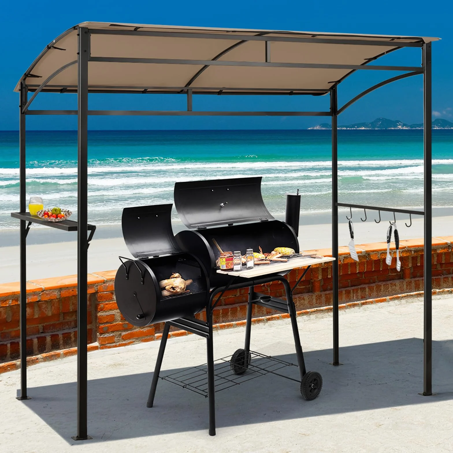 COSTWAY Gazebo per Barbecue 216x134x211 cm Pergola da Giardino con Ripiano e Ganci