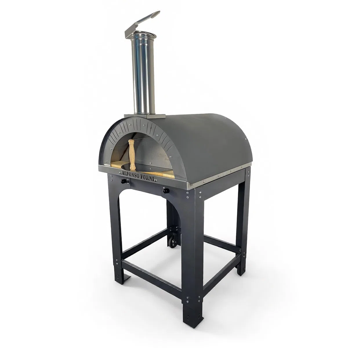 Forno a legna da esterno Alfonso 4 pizze con carrello, mattoni refrattari 3 cm, pirometro 500°C, acciaio inox - Made in Italy