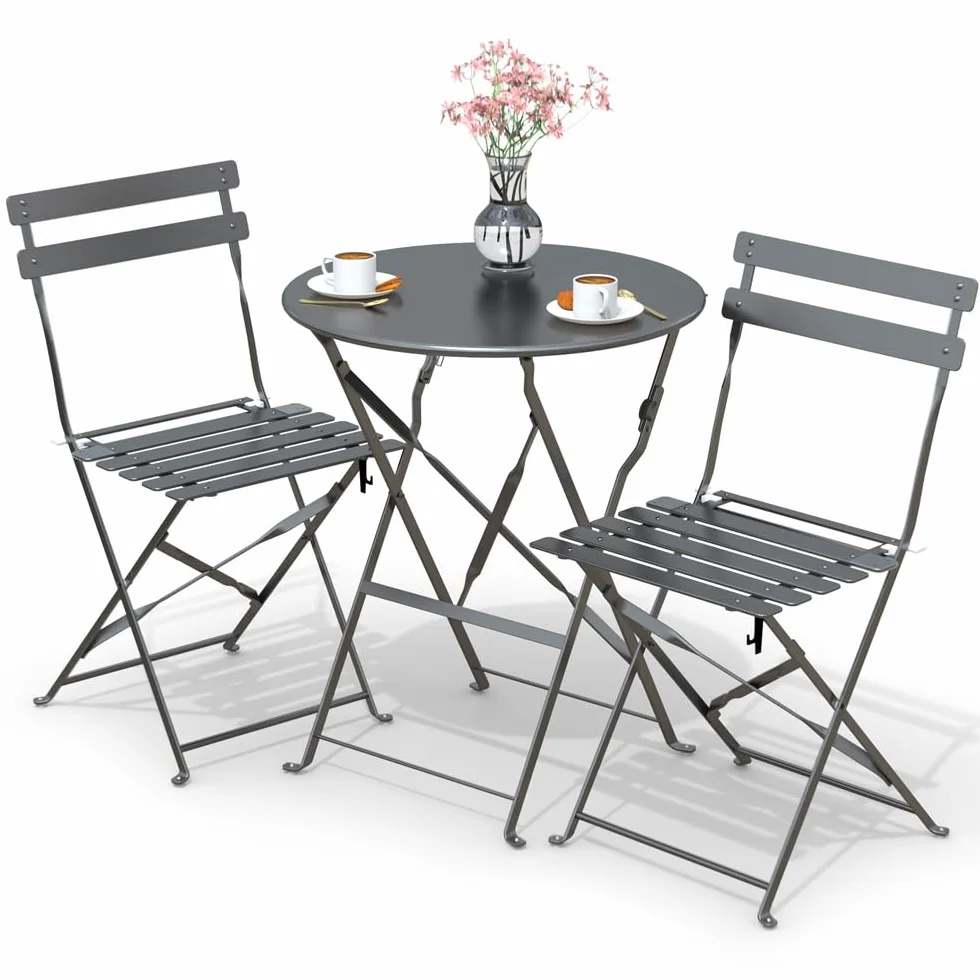 VOUNOT® Set da Giardino Pieghevole da 3 Pezzi, Tavolo Bistrot con 2 Sedie, Acciaio, Grigio