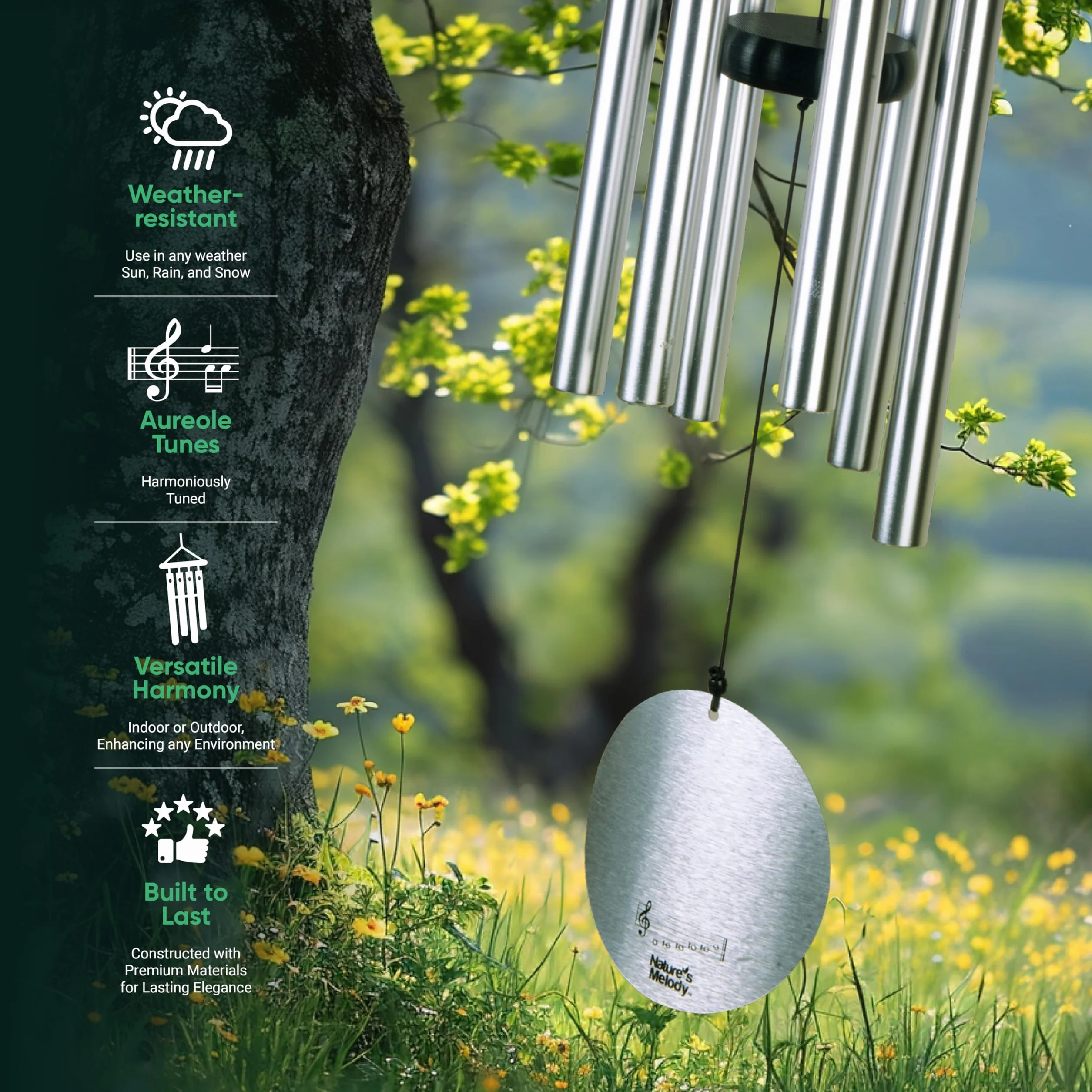 Nature's Melody Aureole Tunes - Campane a vento da esterno con 6 tubi sintonizzati su scala pentatonica Si, 100% alluminio antiruggine, finitura a polvere e gancio a S per appenderlo, regalo