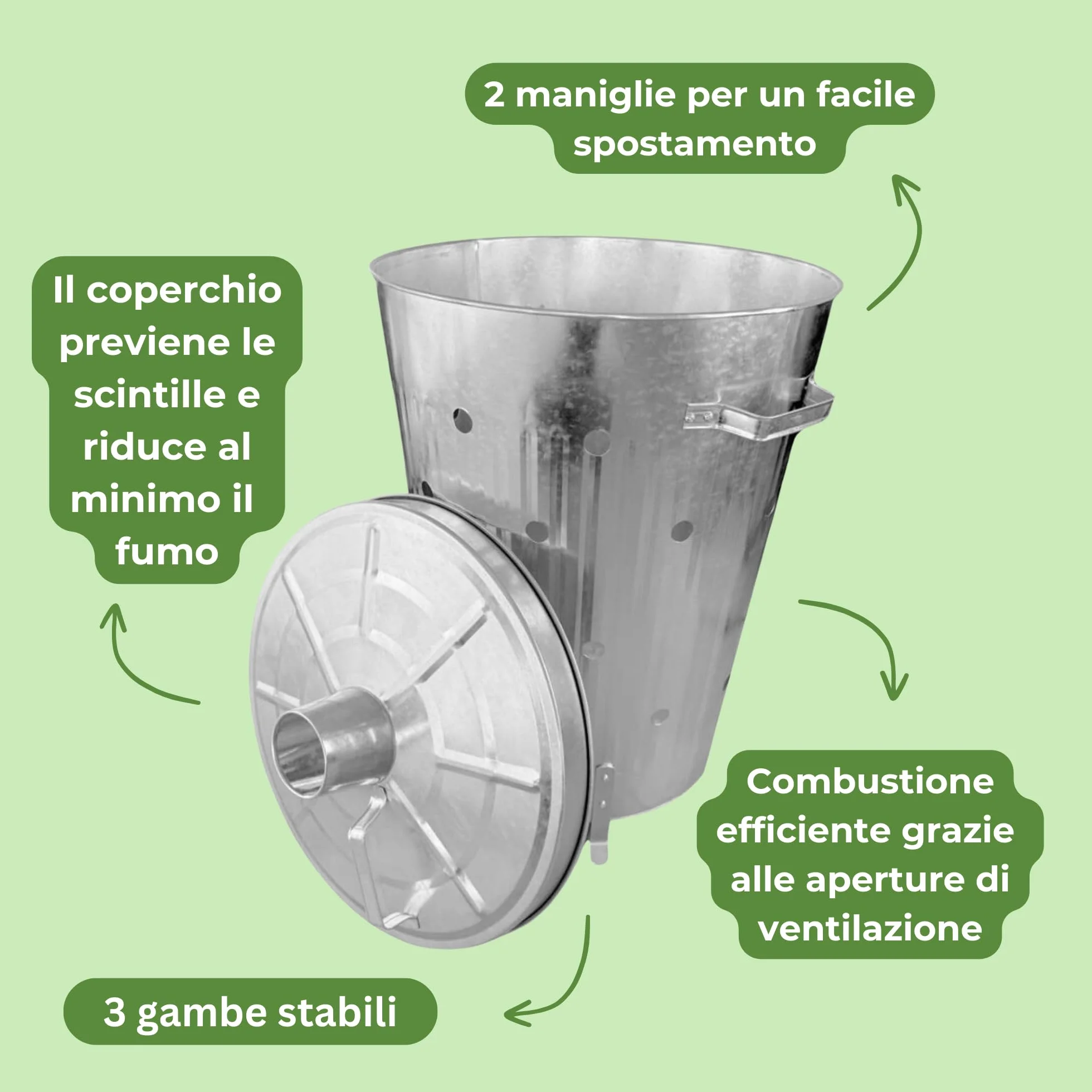 Rori Bidone fuoco XL rifiuti giardino coperchio rotondo 110 l