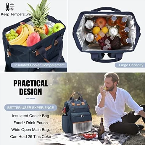 Zaino da picnic grande capacità 4 piatti scomparto termico 22,9 cm manico legno posate coperta impermeabile blu navy