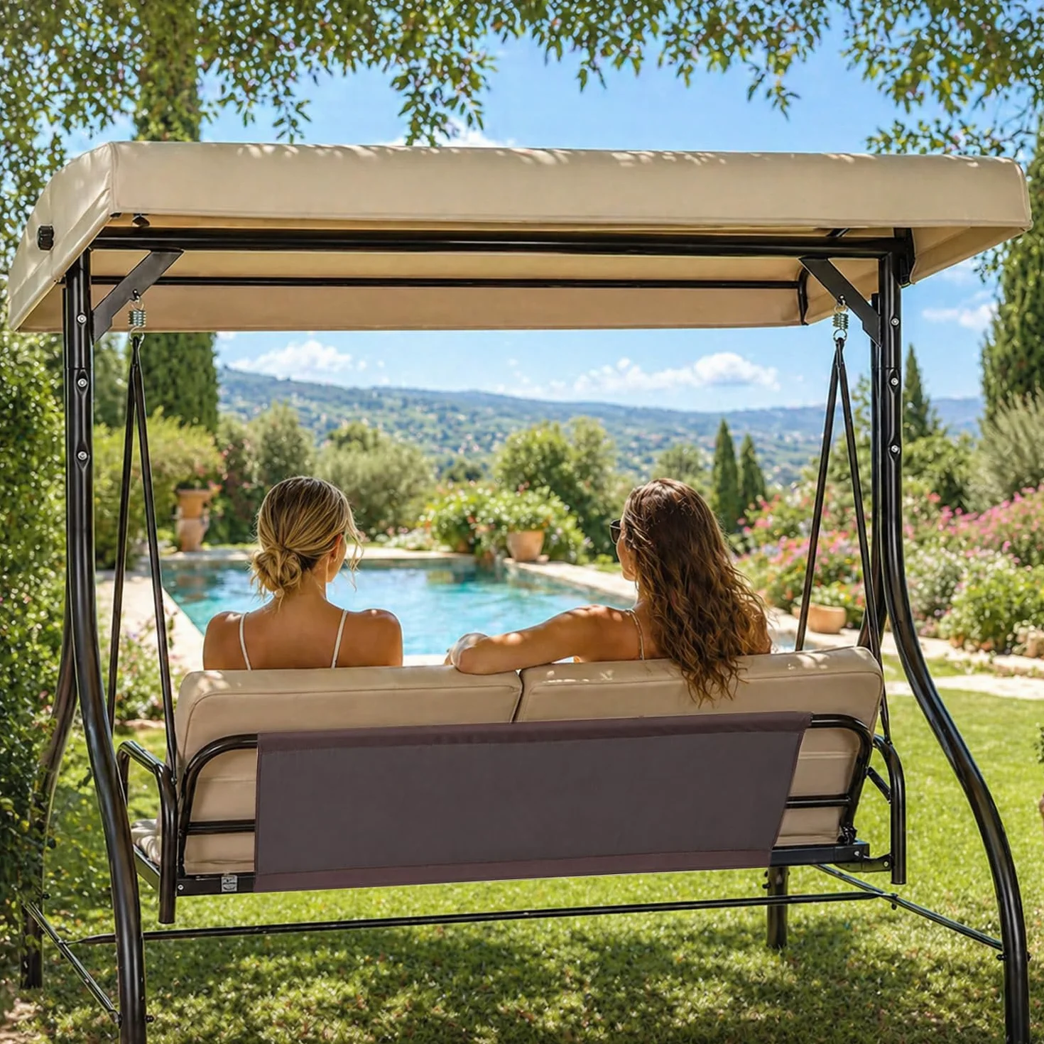 BRICOZONE Dondolo 3 Posti Con Tettuccio Parasole Seduta Reclinabile Trasformabile In Letto Struttura In Acciaio Per Terrazzo Giardino Patio Moderno 195 x 120 x 175 Cm Beige