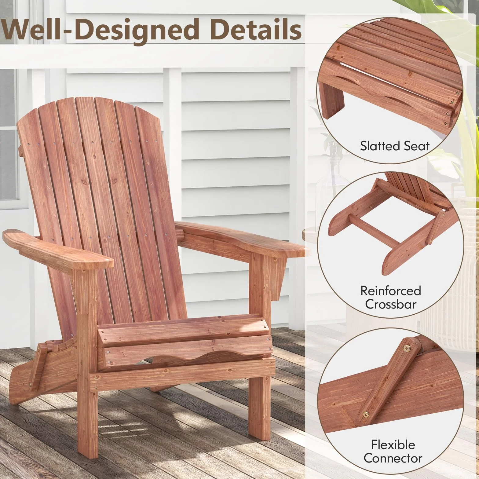 KOMFOTTEU Sedia Adirondack Pieghevole in Legno di Abete, Portata 180kg, Naturale, 2 Pezzi