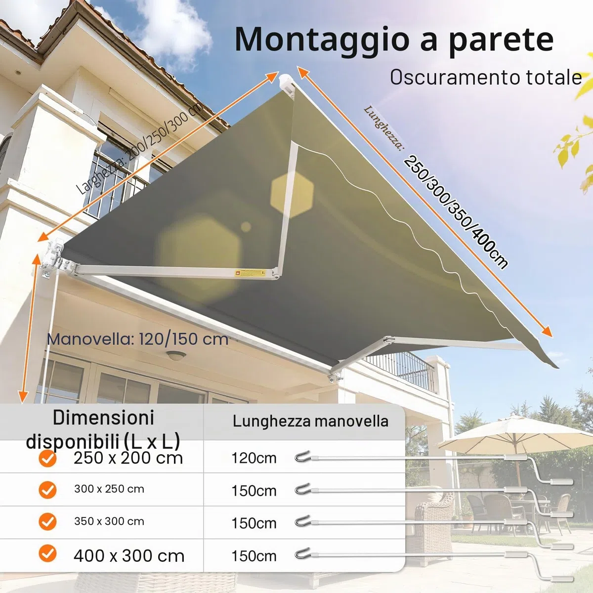 Tenda da sole 350x300 cm manuale a bracci articolati anti-UV impermeabile alluminio poliestere