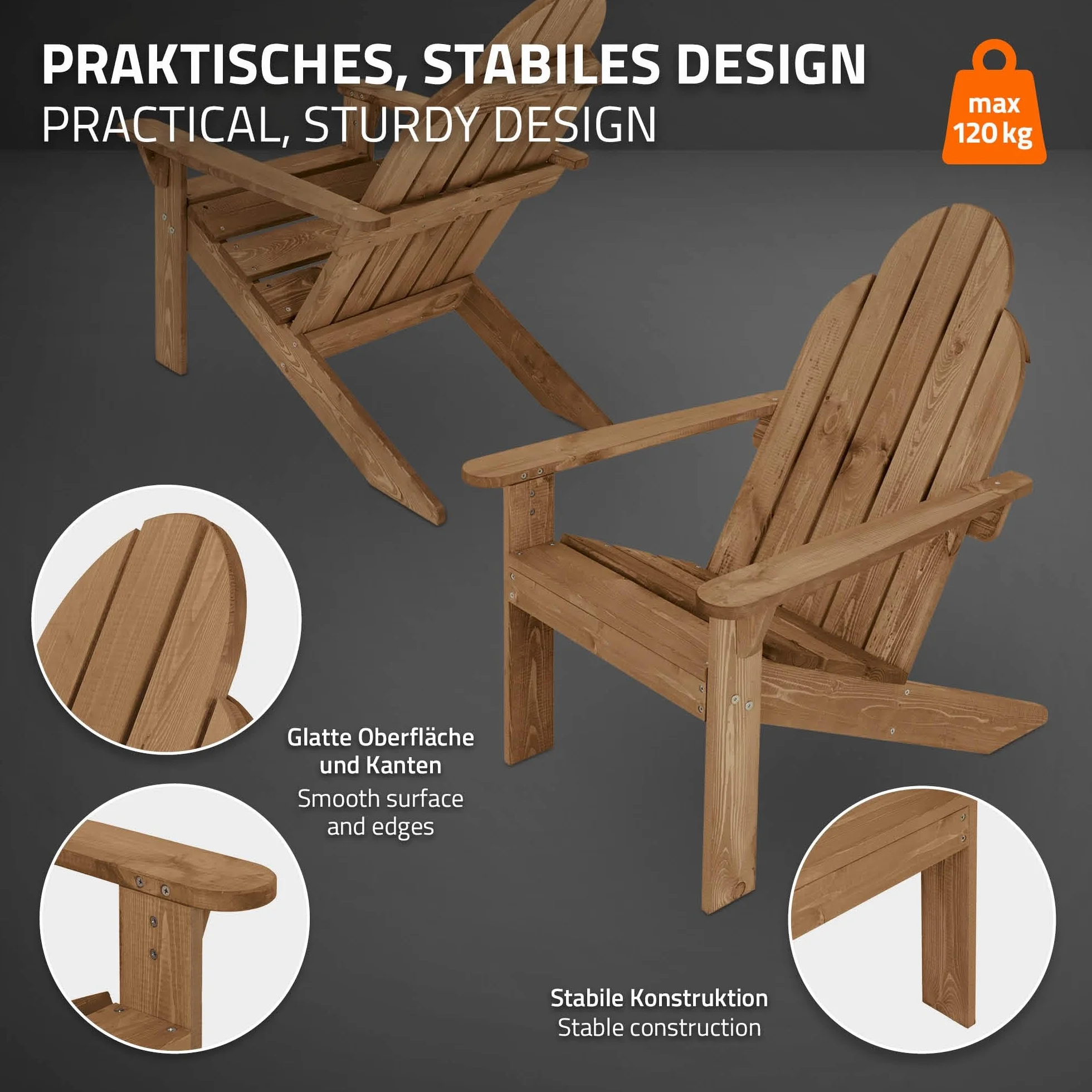 ECD Germany Sedia Adirondack in Legno Massiccio di Abete 92,5 x 70 x 89 cm Marrone Poltroncina da Giardino con Schienale e Braccioli Seduta Ergonomica Resistente alle Intemperie Costruzione Robusta