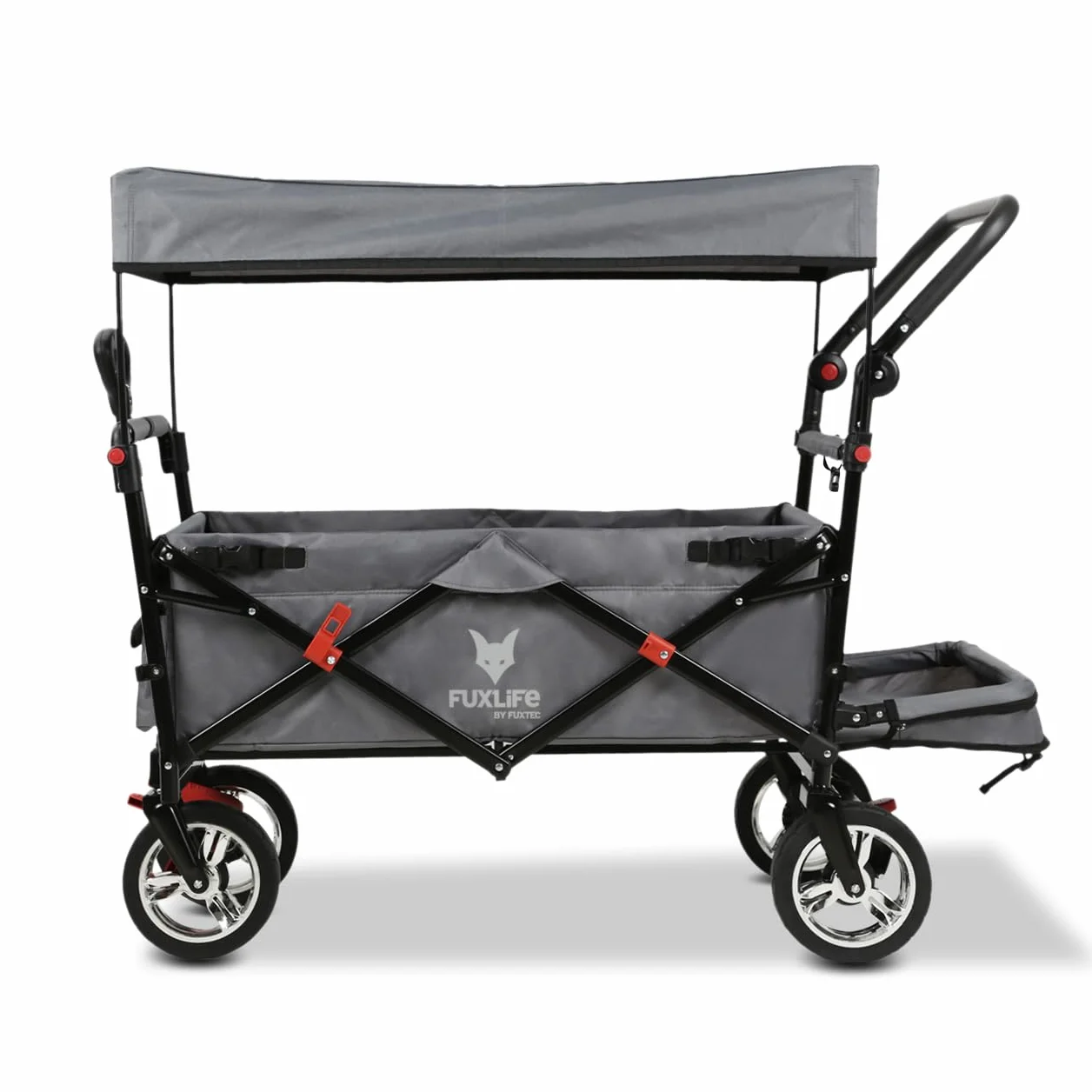 FUXLIFE Carrello Pieghevole FX-CT800 Grigio • Bollerwagen richiudibile con spazio extra per le gambe • Tettuccio parasole e ruote larghe • Volume 105 L e portata 75 kg