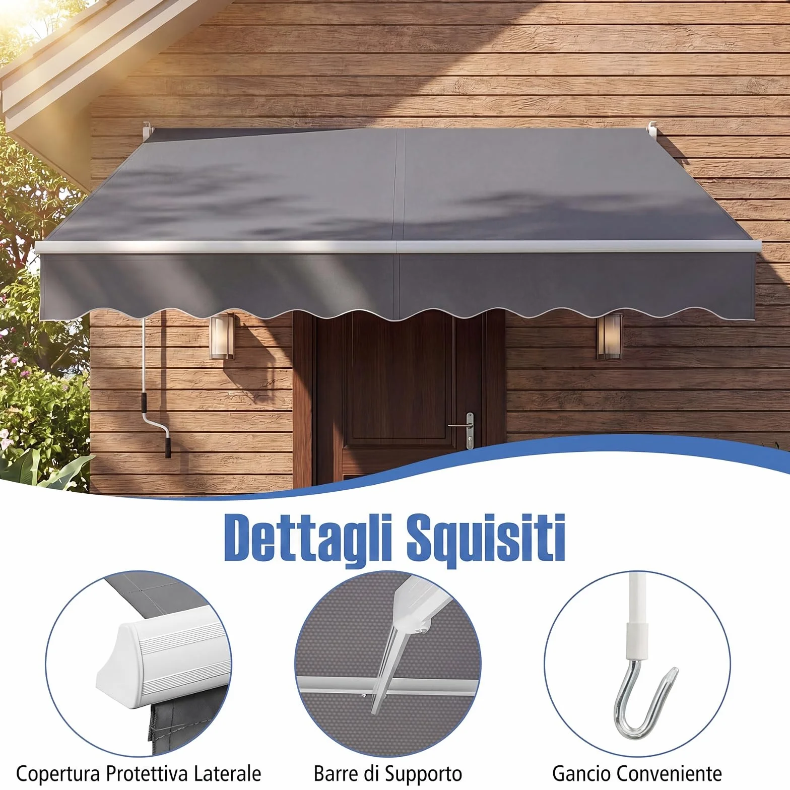 COSTWAY Tenda da Sole per Esterno Avvolgibile a Bracci Estensibili in Alluminio Impermeabile Grigio 245 x 200 cm