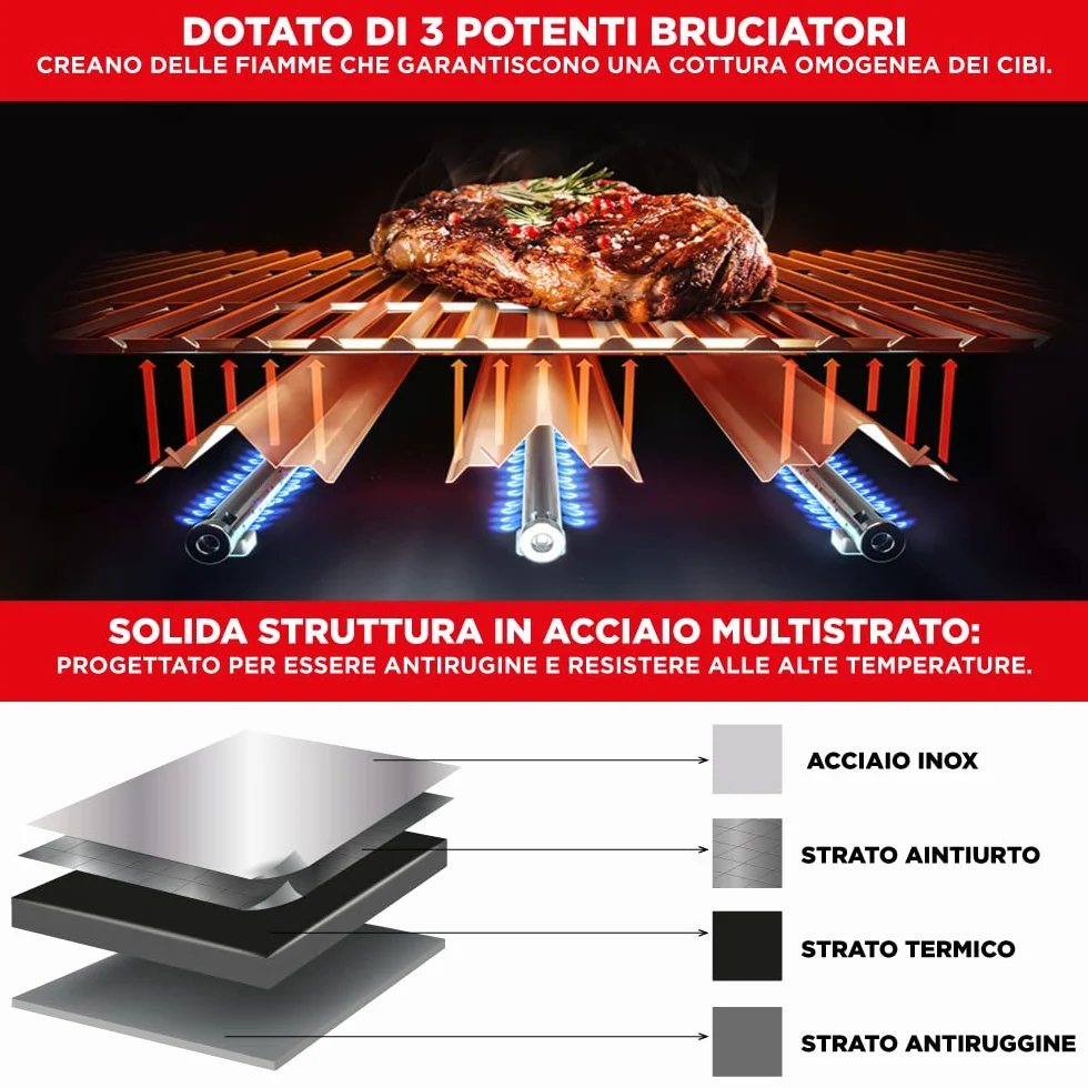 Arsard Barbecue a Gas Professionale XXL 4 Fuochi 13 KW Griglia In Ghisa Acciaio Inox