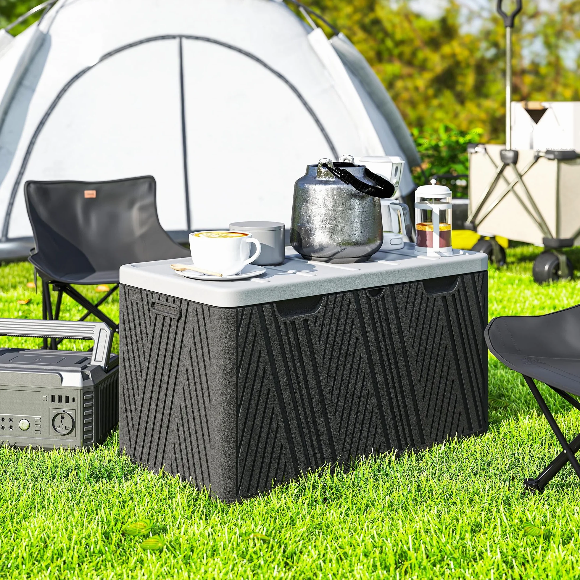 Outsunny Baule da Esterno da 380L Impermeabile in HDPE, Cassapanca Contenitore da Esterno con Coperchio a Leva e 2 Maniglie Laterali, Protezione UV, 115x60x60 cm, Nero e Grigio