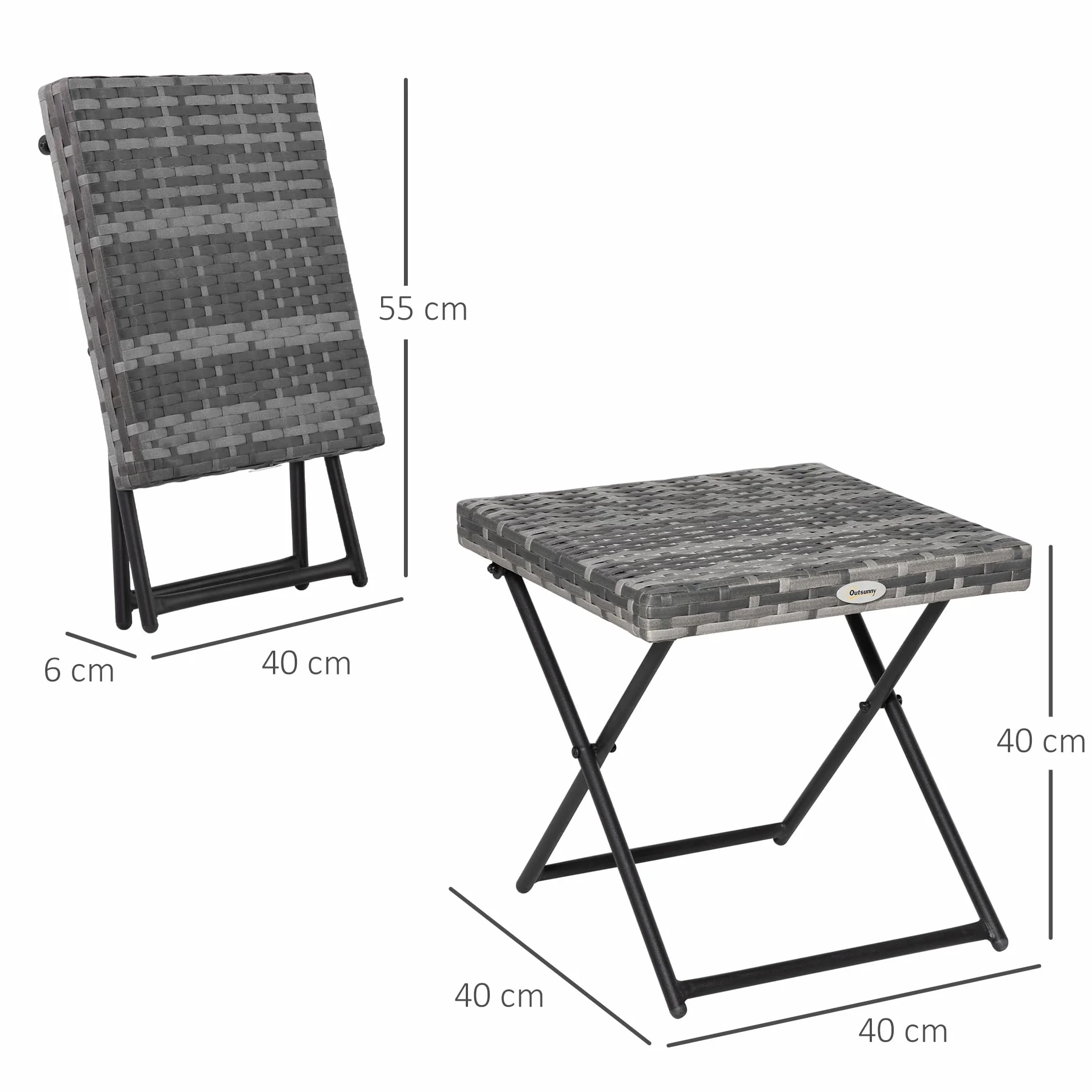 Outsunny Tavolino da Giardino Pieghevole in Rattan Sintetico e Acciaio 40x40x40cm Grigio