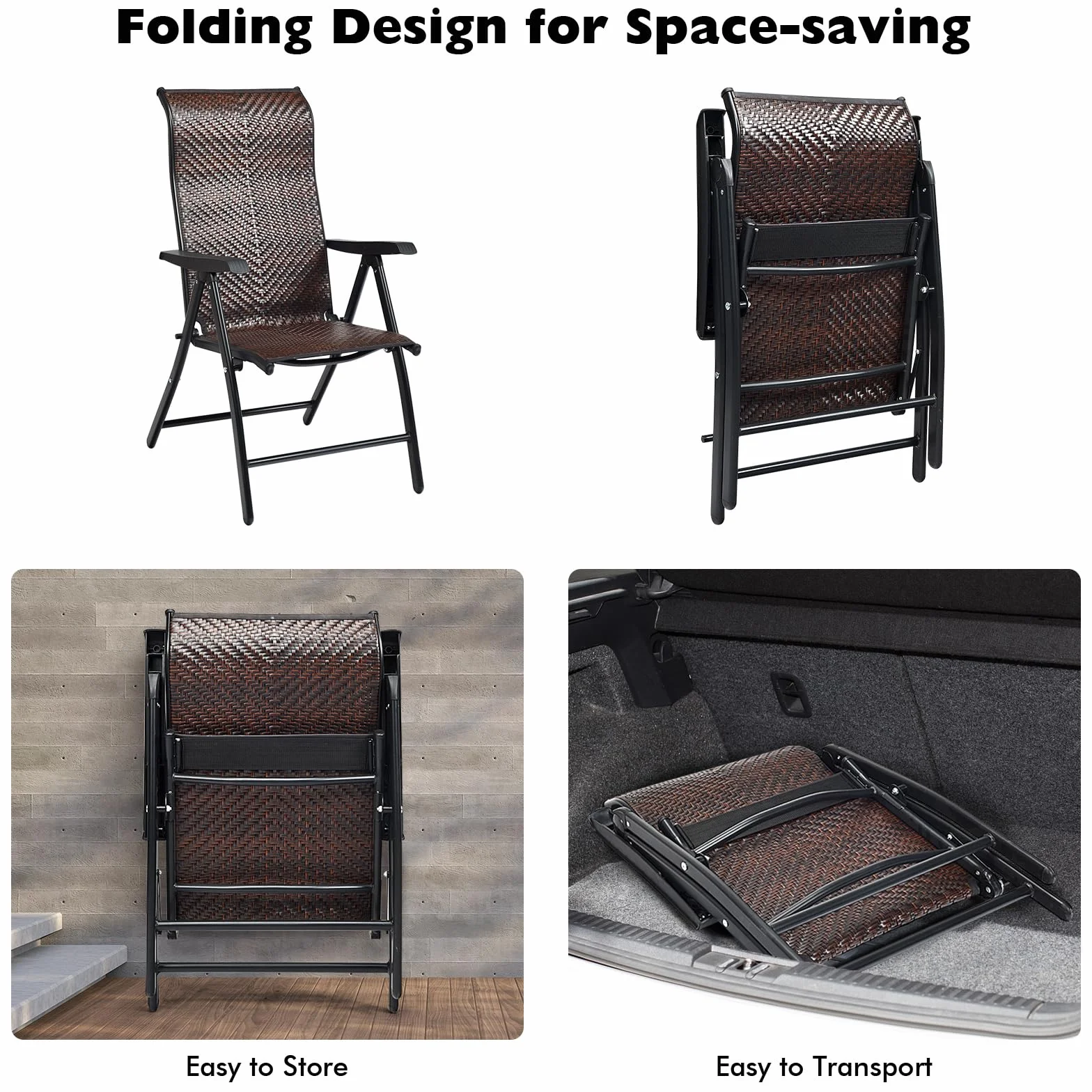 LIFEZEAL Sedia da Giardino in Rattan PE, Sedie Pieghevoli da Interno e Esterno, Poltrona di Vimini con Schienale Reclinabili per Balcone, Sedia a Sdraio con Telaio in Metallo, Portata 120 kg (1)