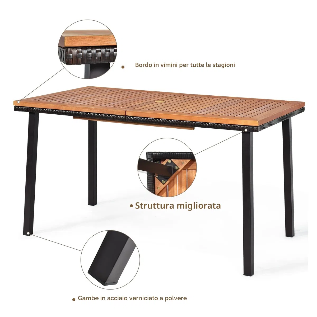 KOMFOTTEU Tavolo da Giardino Rettangolare con Foro per Ombrellone, Tavolo da Esterno in Legno di Acacia, Tavolo da Pranzo con Gambe in Metallo per 6-8 Persone, 140 x 75 x 76 cm