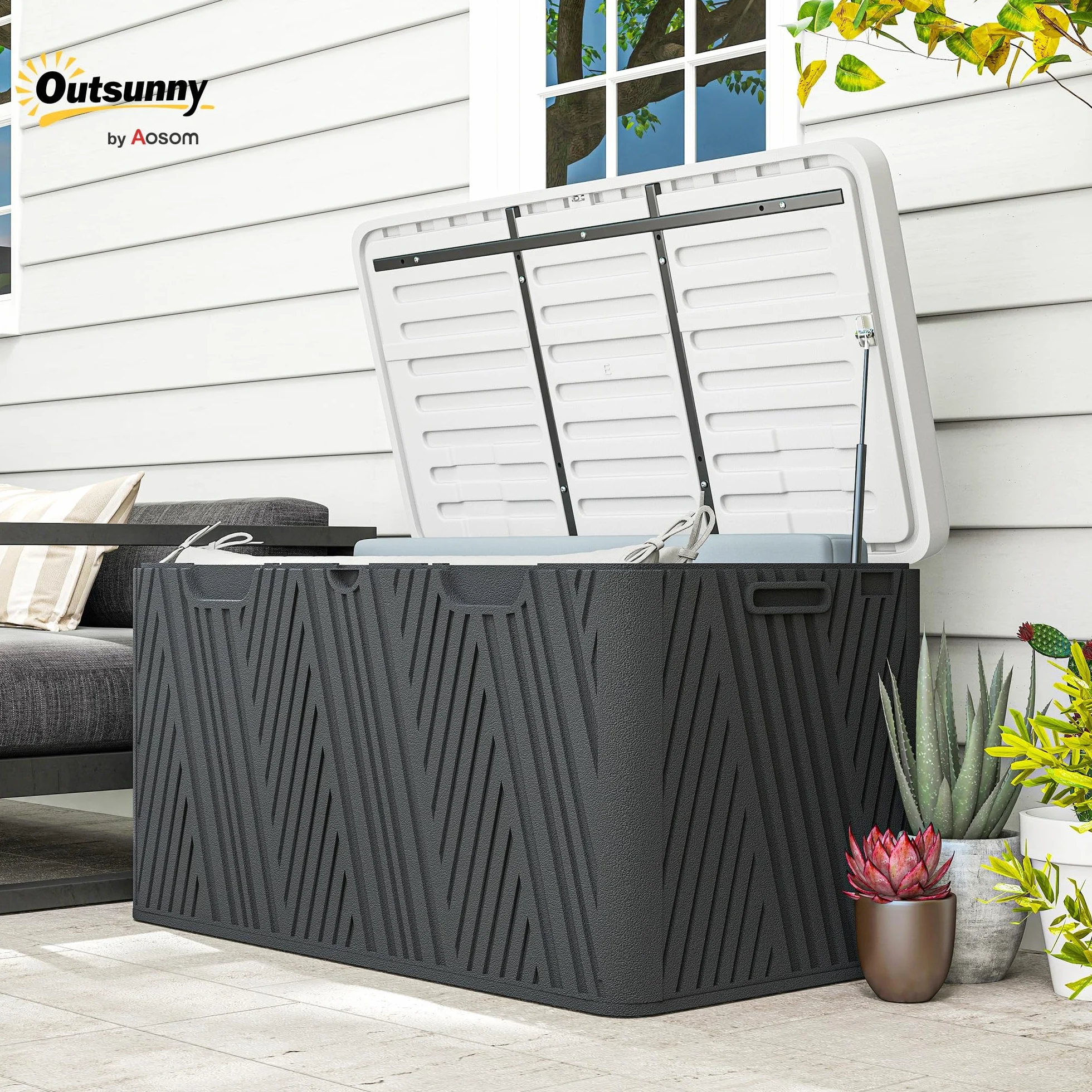 Outsunny Baule da Esterno da 380L Impermeabile in HDPE, Cassapanca Contenitore da Esterno con Coperchio a Leva e 2 Maniglie Laterali, Protezione UV, 115x60x60 cm, Nero e Grigio