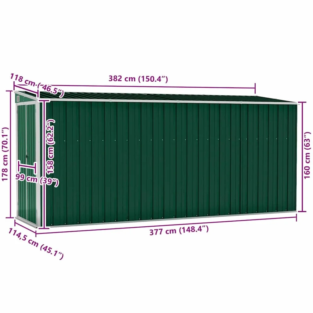 vidaXL Capanno Giardino a Parete Verde 118x382x178 cm Acciaio Zincato