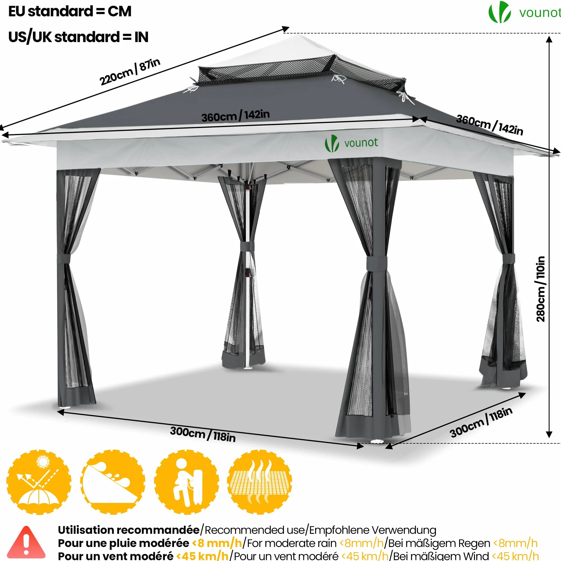 Gazebo da Giardino Esterno 3.6x3.6m Pieghevole Anti-UV con Struttura in Acciaio Tetto Doppio Grigio