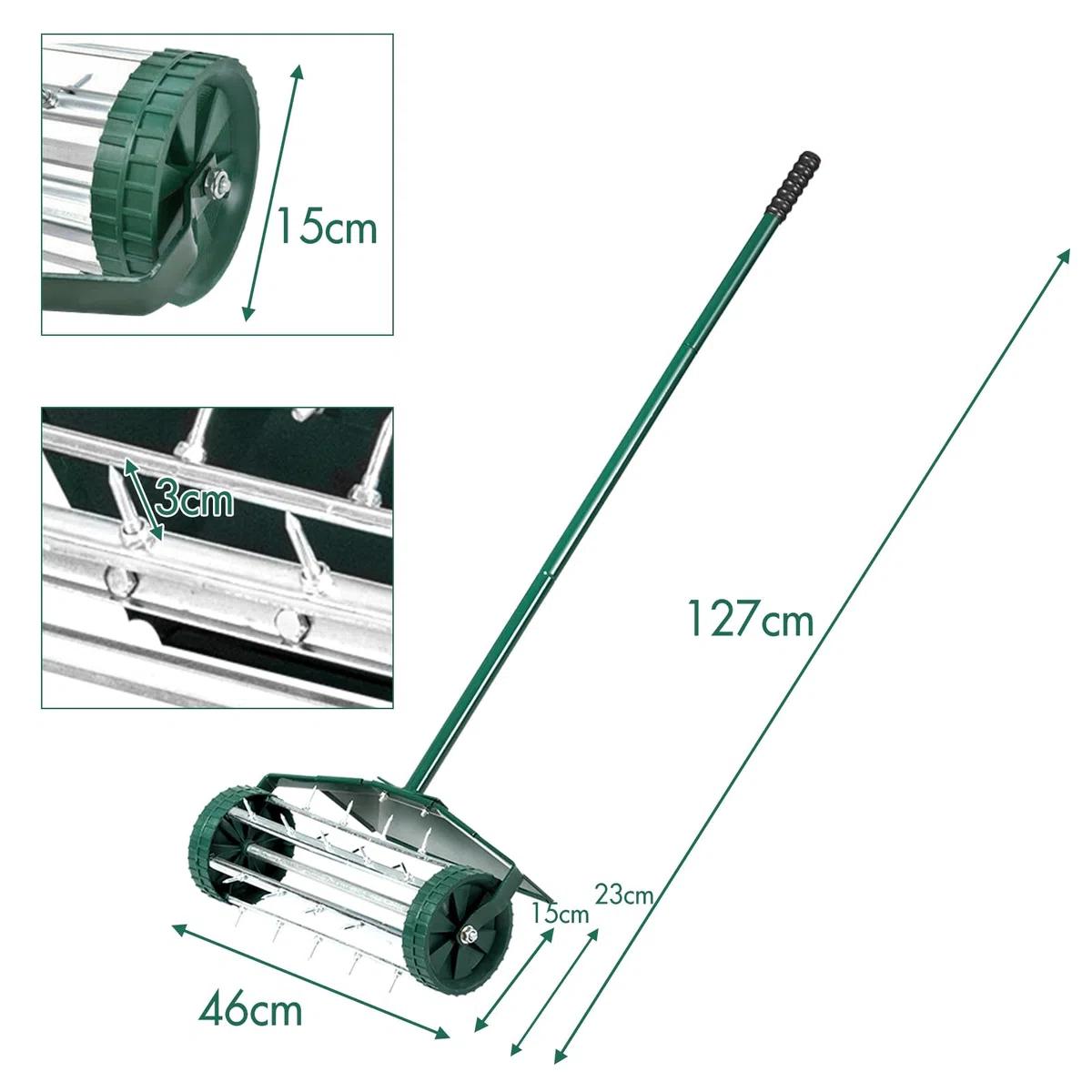 GYMAX Aeratore per Prato, Rullo a Spine di Metallo, 46x23x127 cm, Verde