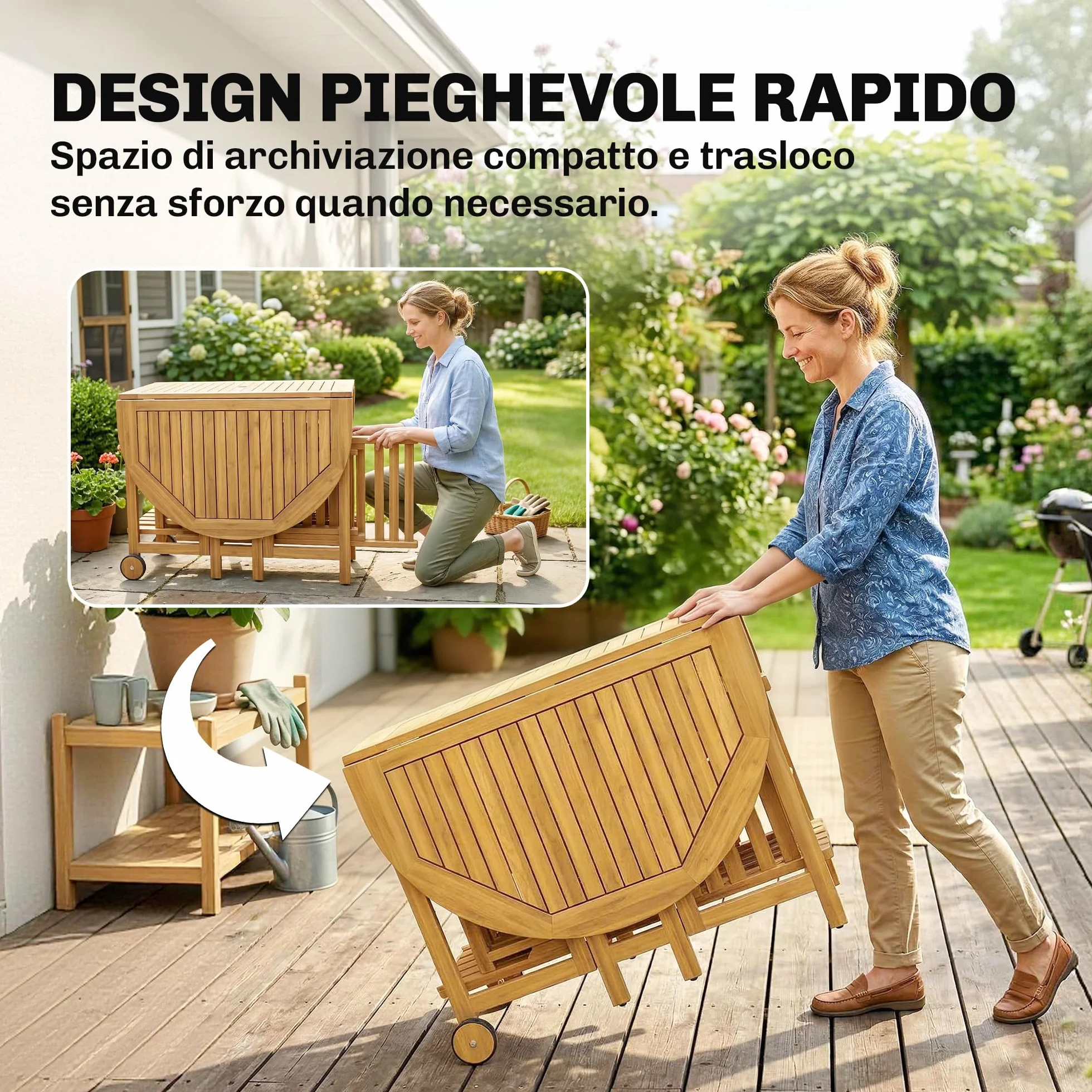 Outsunny Set Tavolo e Sedie da Giardino 7 Pezzi in Legno Acacia Pieghevole con Foro Ombrellone Ruote