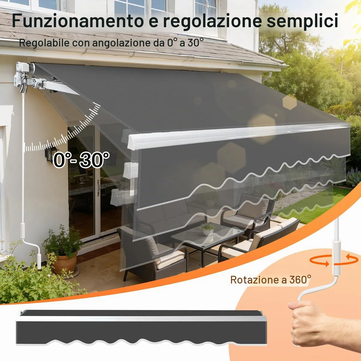 Tenda da sole 350x300 cm manuale a bracci articolati anti-UV impermeabile alluminio poliestere
