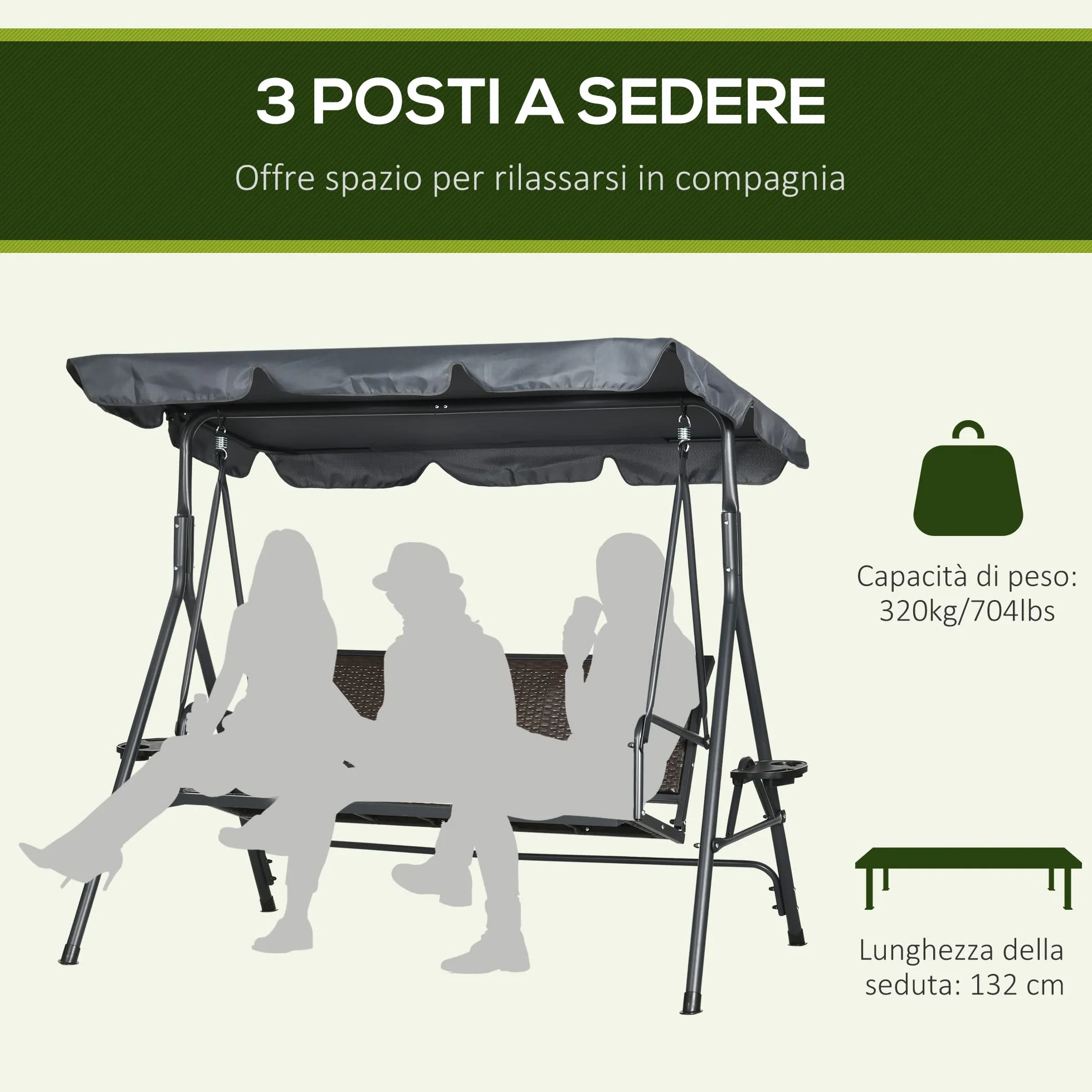 Outsunny Dondolo da Giardino 3 Posti in Rattan PE con Tettuccio Parasole Regolabile e Portabicchieri, Dondolo da Esterno con Telaio in Acciaio, Portata 320 kg, 204x112x150 cm, Grigio Scuro