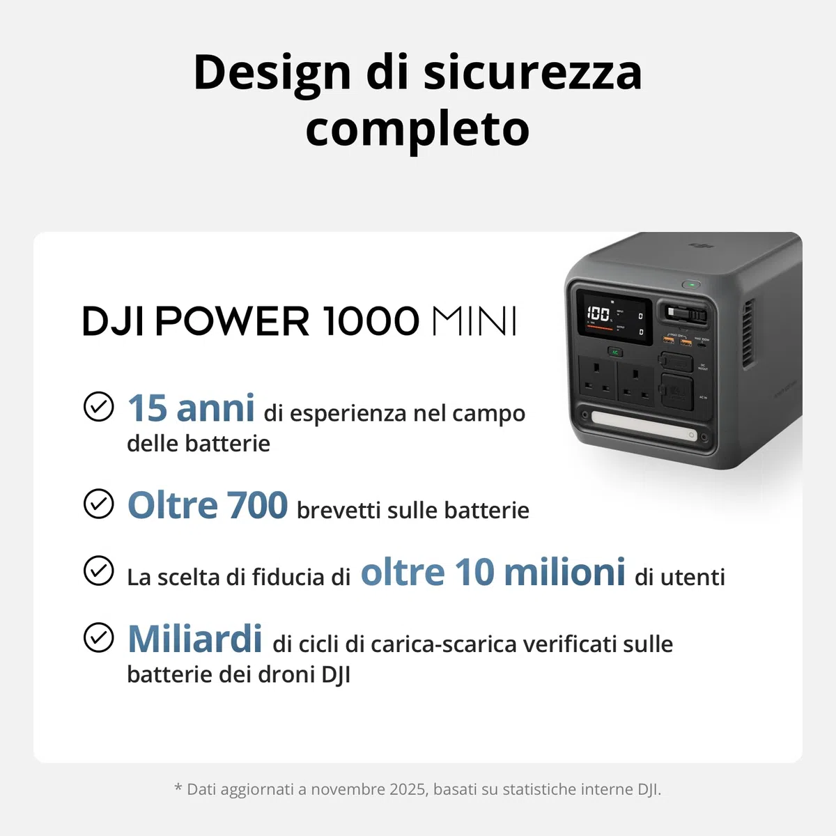 DJI Power 1000 Mini stazione di alimentazione portatile, batteria LFP 1008 Wh, dimensioni compatte, potenza max di 1000 W, ricarica da 0% a 80% in 58 minuti, generatore elettrico per casa e campeggio