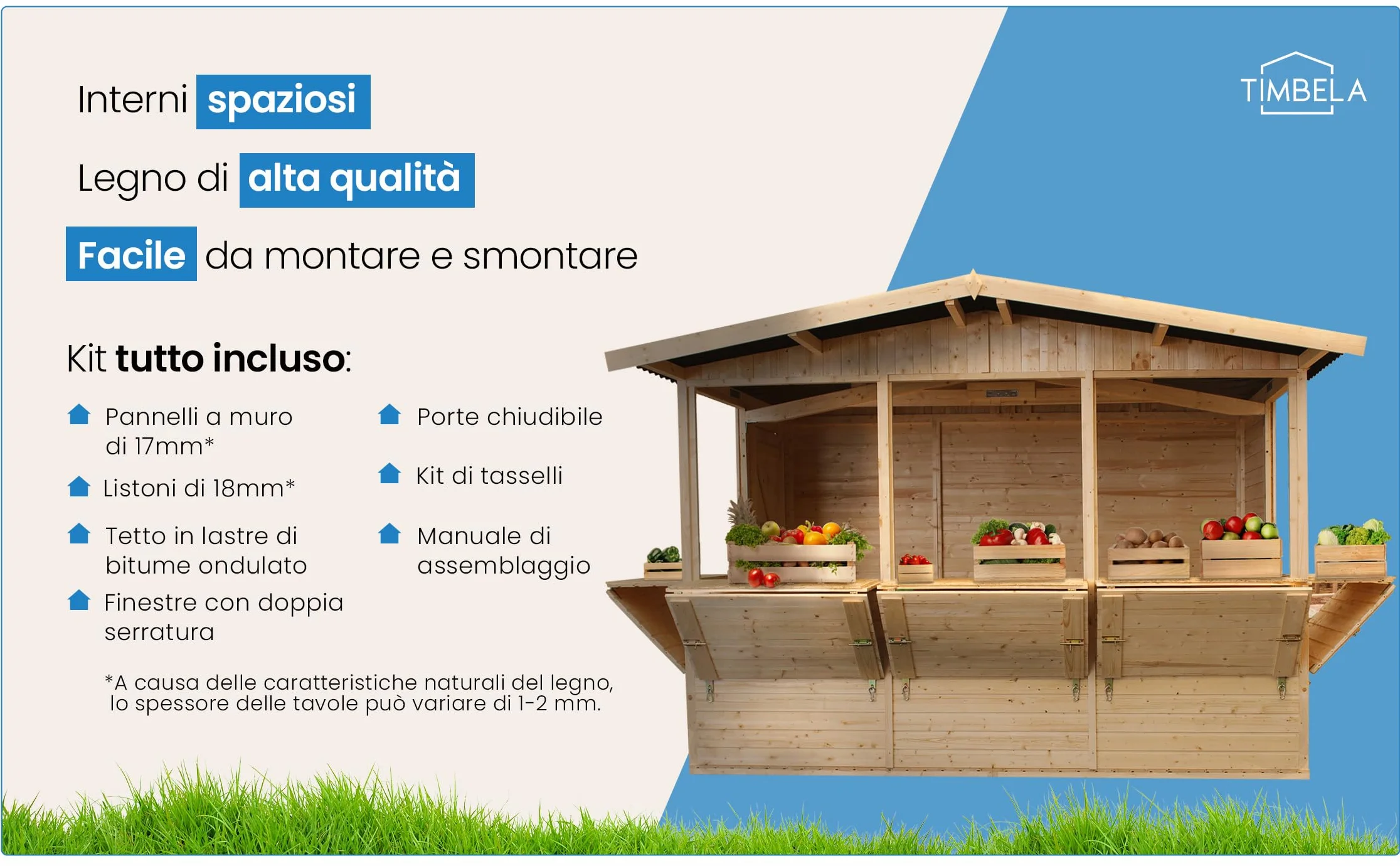 Capanno in Legno, Capanno Espositore in Legno, Chiosco da giardino per bar, CINQUE FINESTRE 336x263 cm/6 m2 Stand di vendita con bancone, Multifunzione cabina da giardino TIMBELA M150B