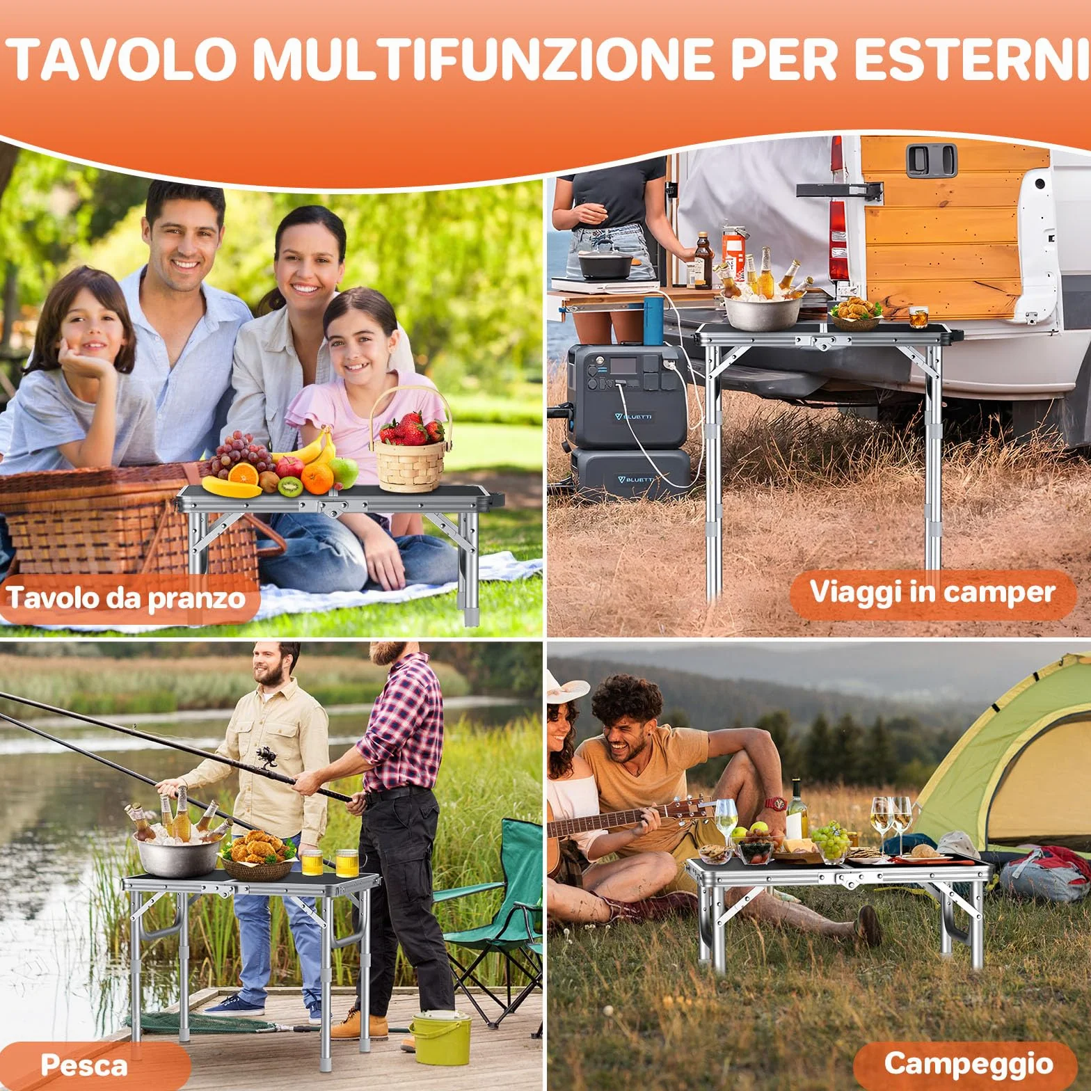 FUNYKICH Tavolo da Campeggio Pieghevole 58x40 cm Alluminio 3 Altezze Regolabili 26/48/70 cm Maniglia Trasporto MDF Argento