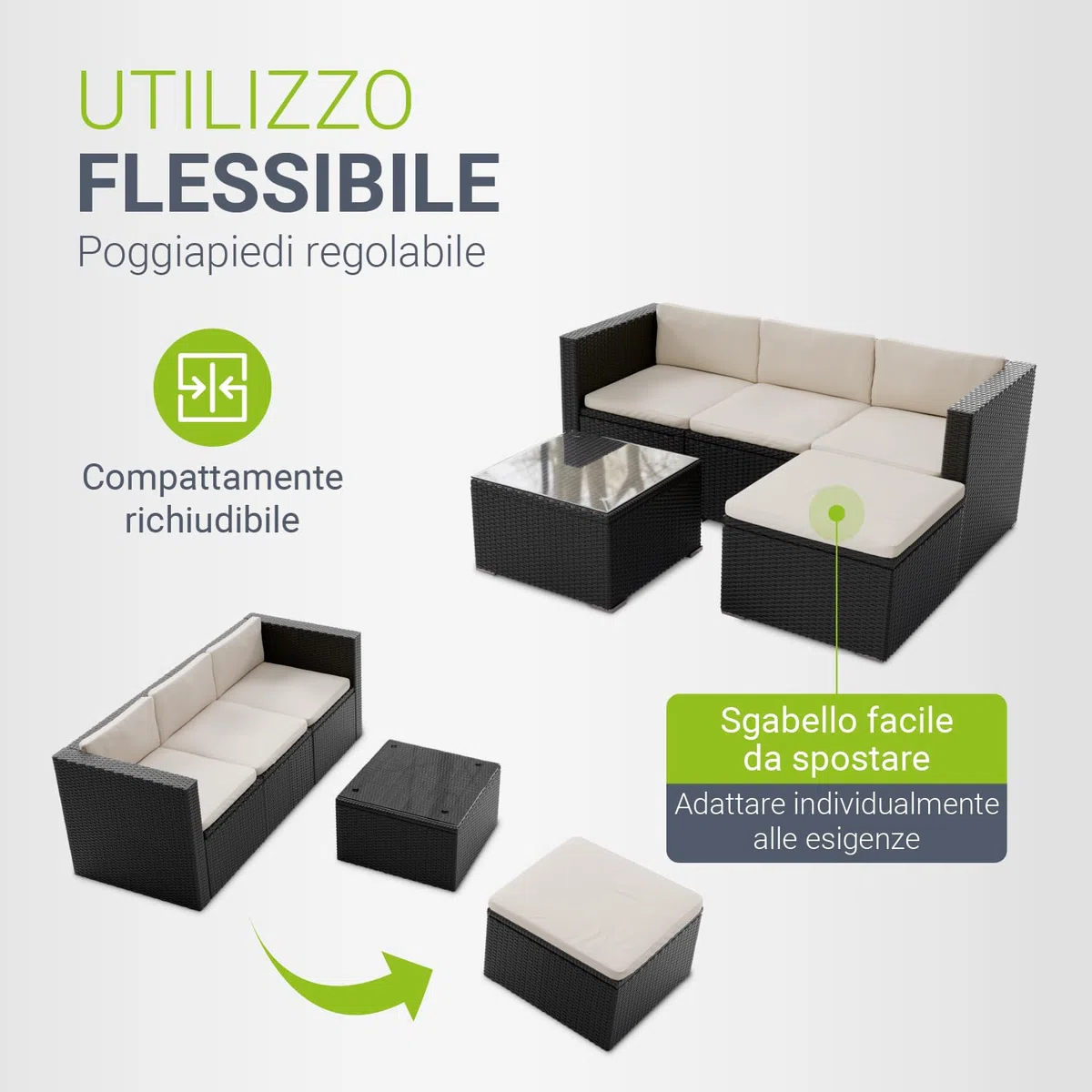 Juskys Lounge in polyrattan Punta Cana M resistente alle intemperie con divano 3 posti, sgabello, tavolo e cuscini per 3-4 persone - lounge da giardino Set di mobili da giardino nero/crema