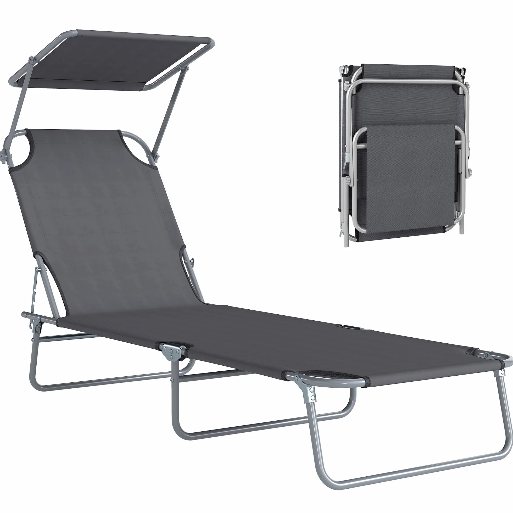 Outsunny Sdraio da Giardino Pieghevole con Tettuccio Schienale Regolabile in Tessuto Oxford e Metallo 187x58x36 cm Grigio