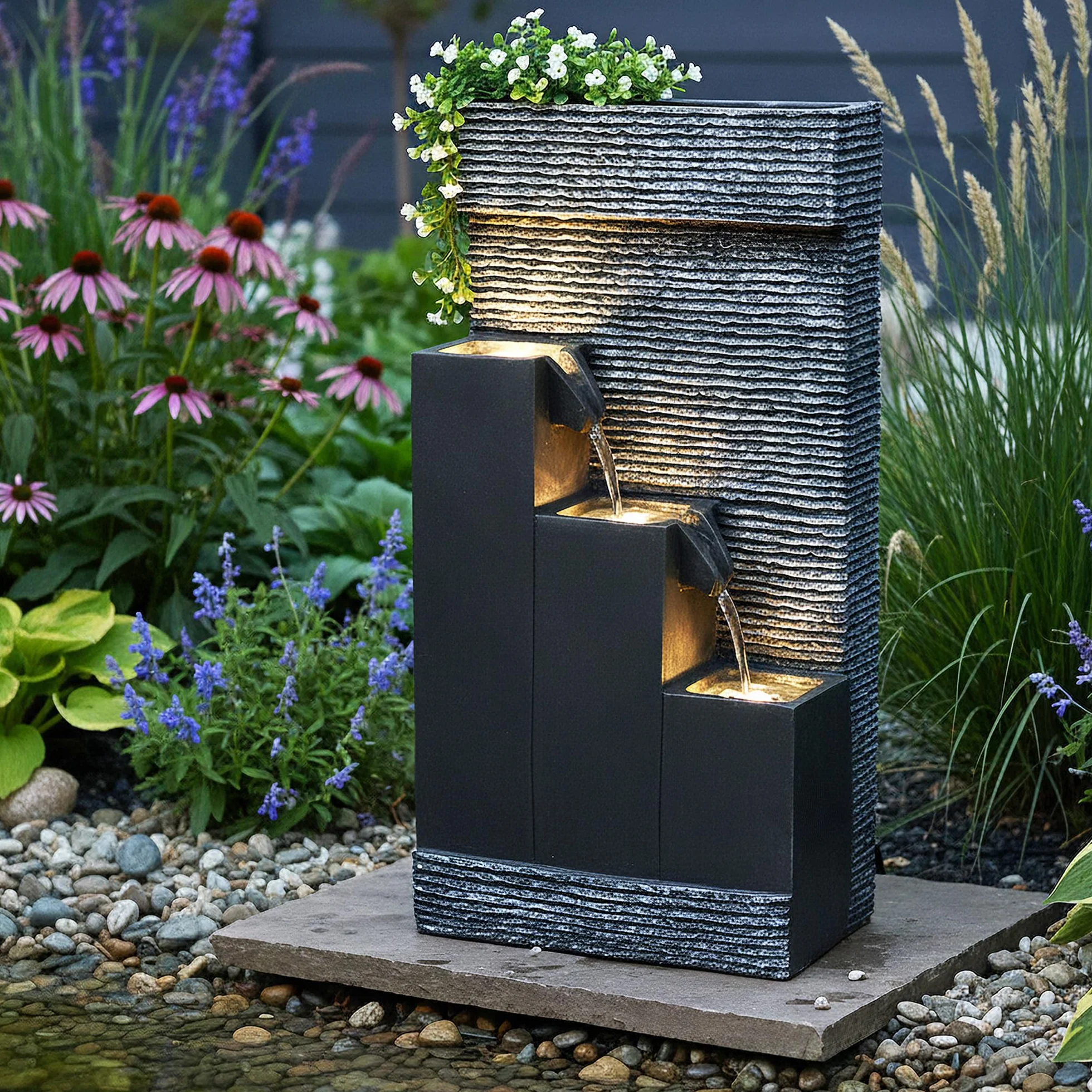 Fontana da giardino BK845 con illuminazione a LED fontana per interni ed esterni. Può essere piantato, decorazione del giardino cascata