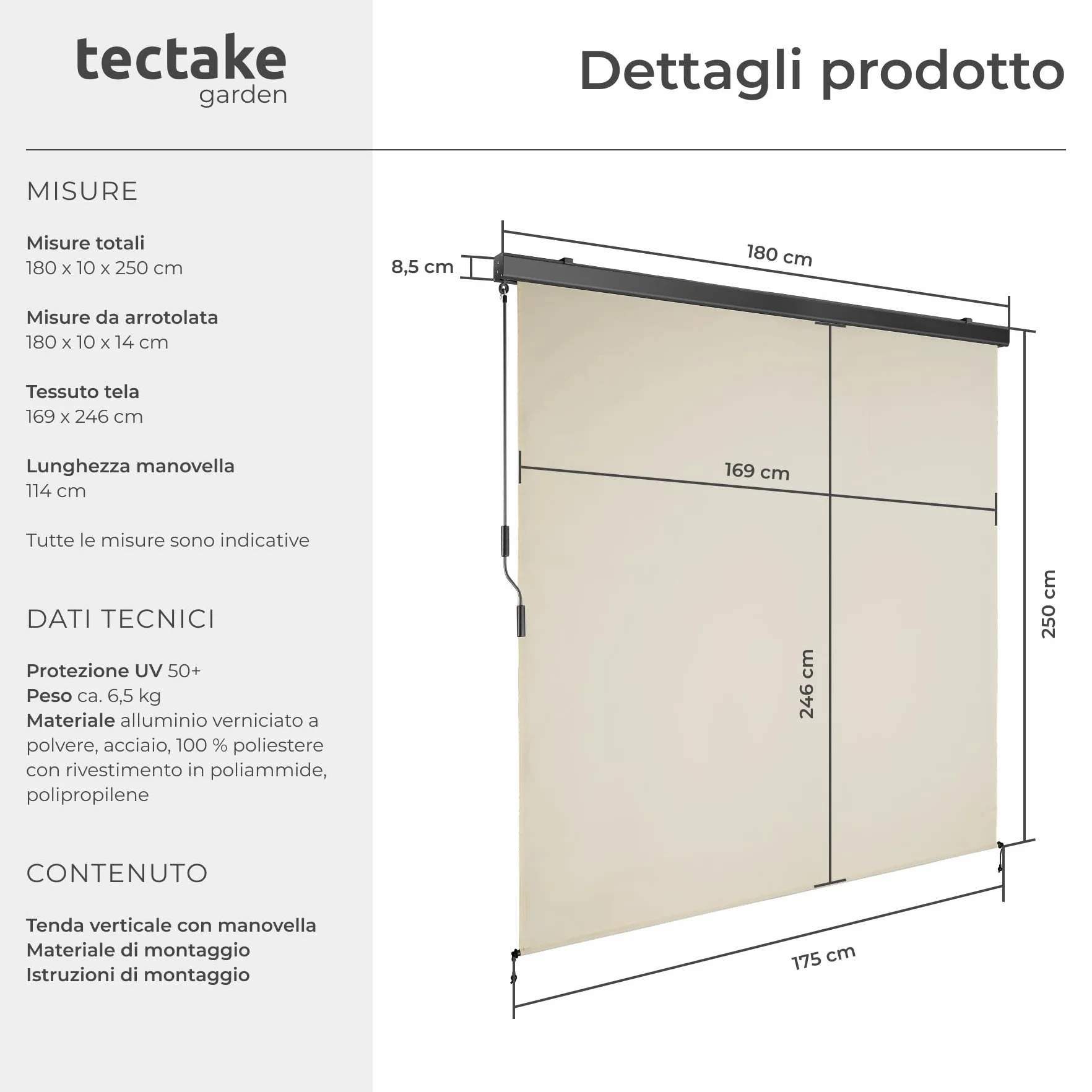 Tectake Tenda da Sole Verticale a Rullo con Manovella 180x250 cm Beige Impermeabile Protezione UV