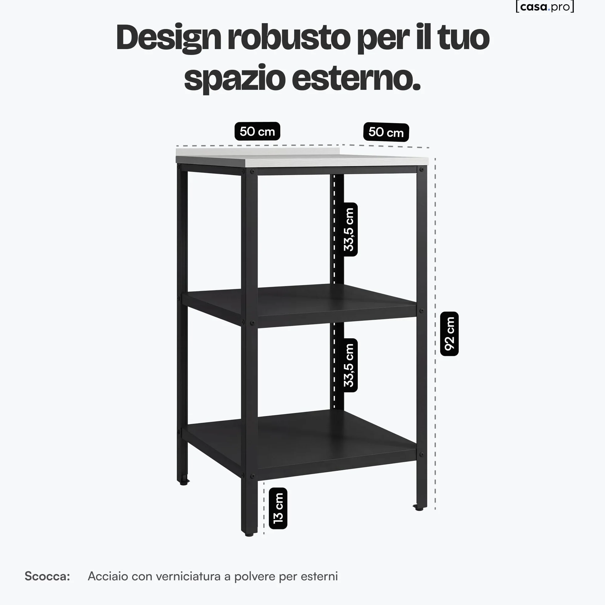 casa.pro Bancone da Giardino Scaffale da Esterno a 3 Ripiani 92 x 50 x 50 cm Mobile in Acciaio con Piedini Regolabili per Livellare - Argentato/Nero opaco