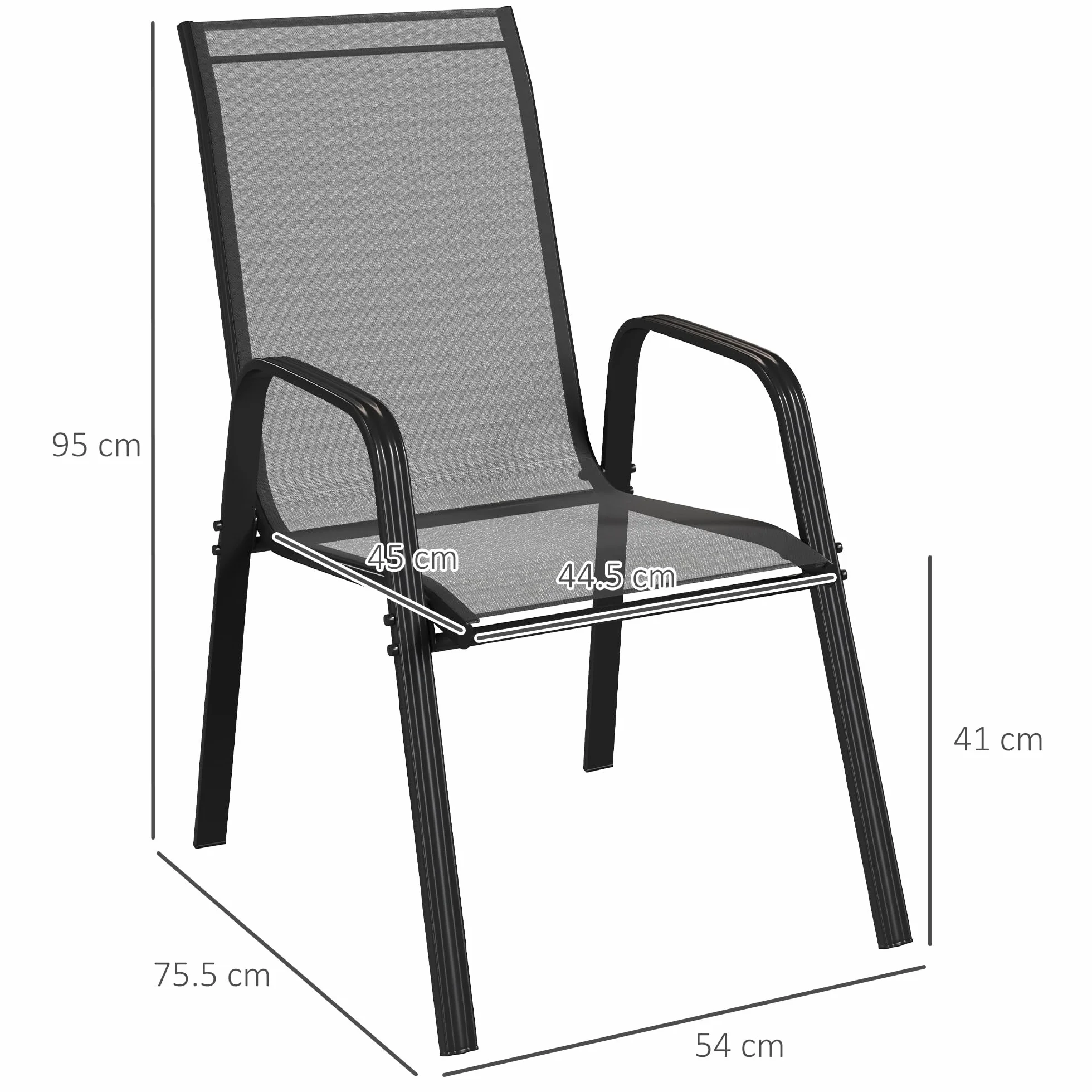 Outsunny Set 4 Sedie da Giardino Impilabili con Braccioli in Metallo e Texteline Impermeabile, 54x75.5x95cm, Nero