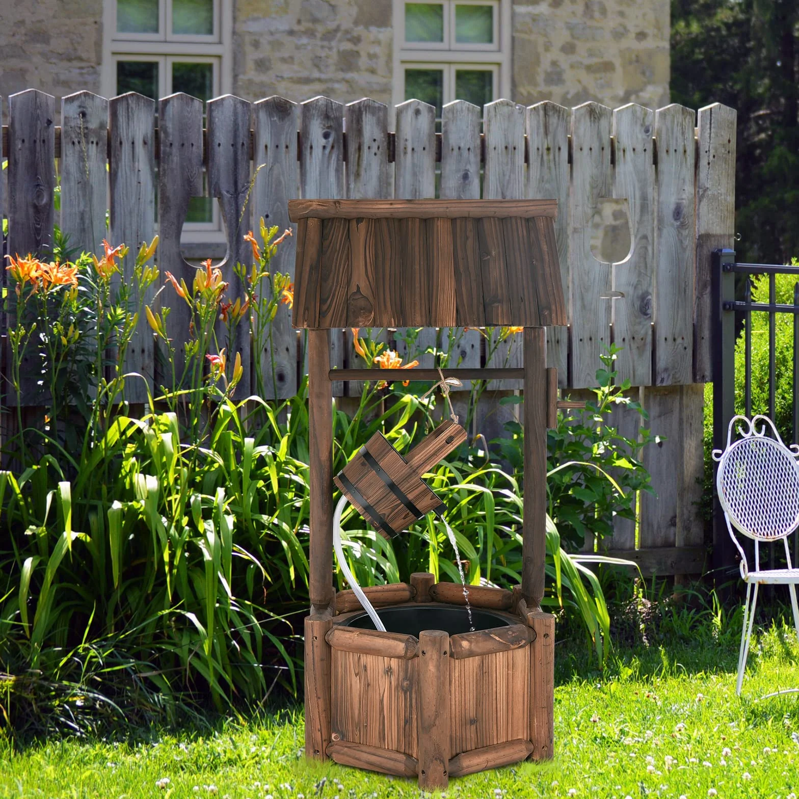 COSTWAY Pozzo da Giardino, Pozzo Decorativo con Pompa Elettrica, in Legno d'Abete, 58,5 x 51 x 117 cm, Marrone (Modello 2)