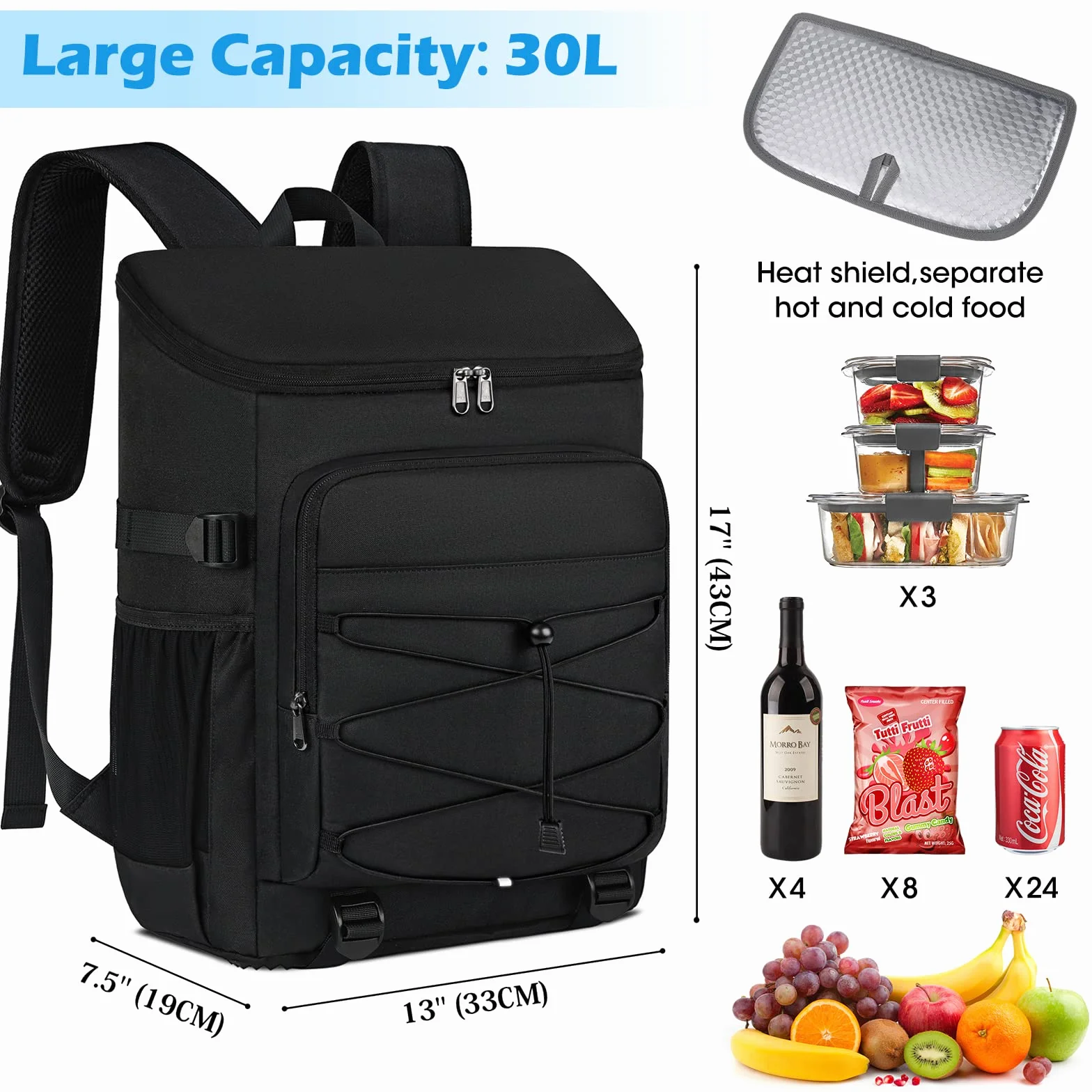 NUBILY 30L Zaino Termico Impermeabile Isotermica Borsa Termica Porta Pranzo Refrigerante Borsa Frigo Grande Borsa da Picnic Scatola per Il Pranzo Pasti Campeggio Barbecue Trekking Nero