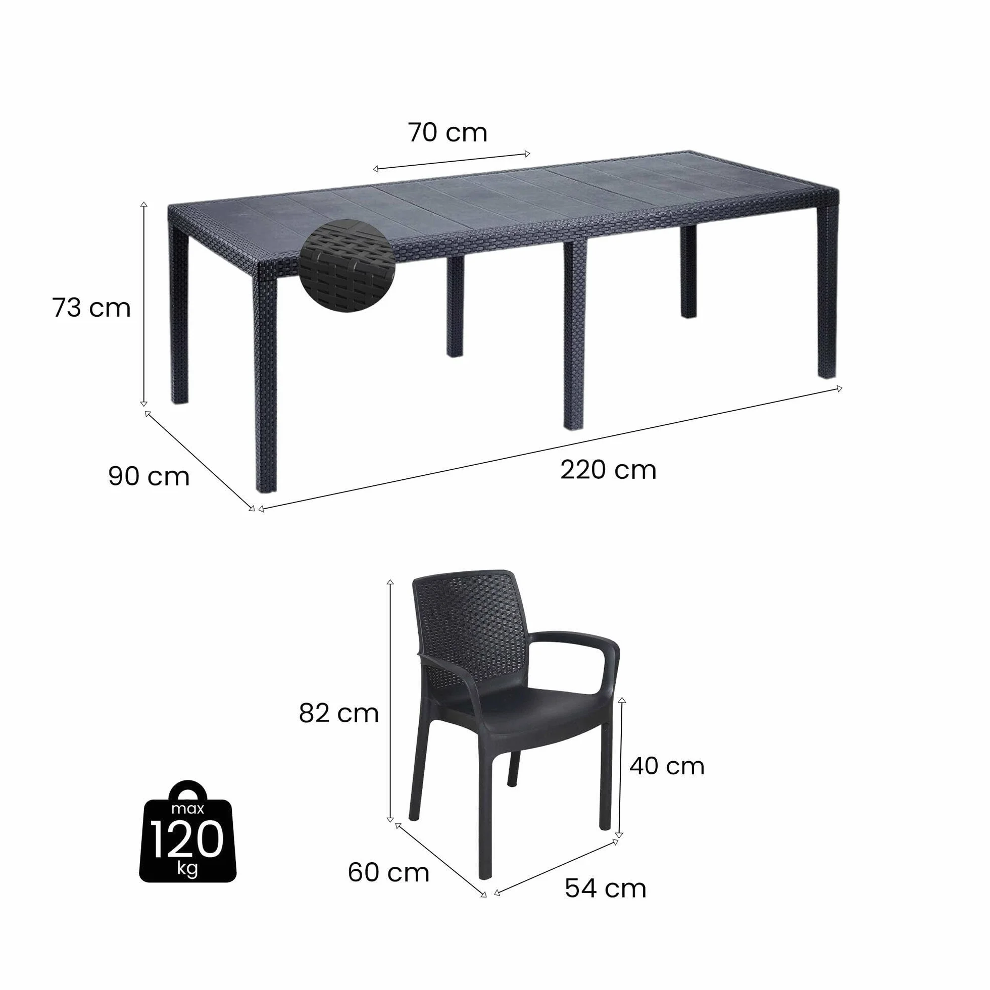 Dmora Set salotto da esterno Manarola Tavolo rettangolare allungabile 8 sedie braccioli Antracite
